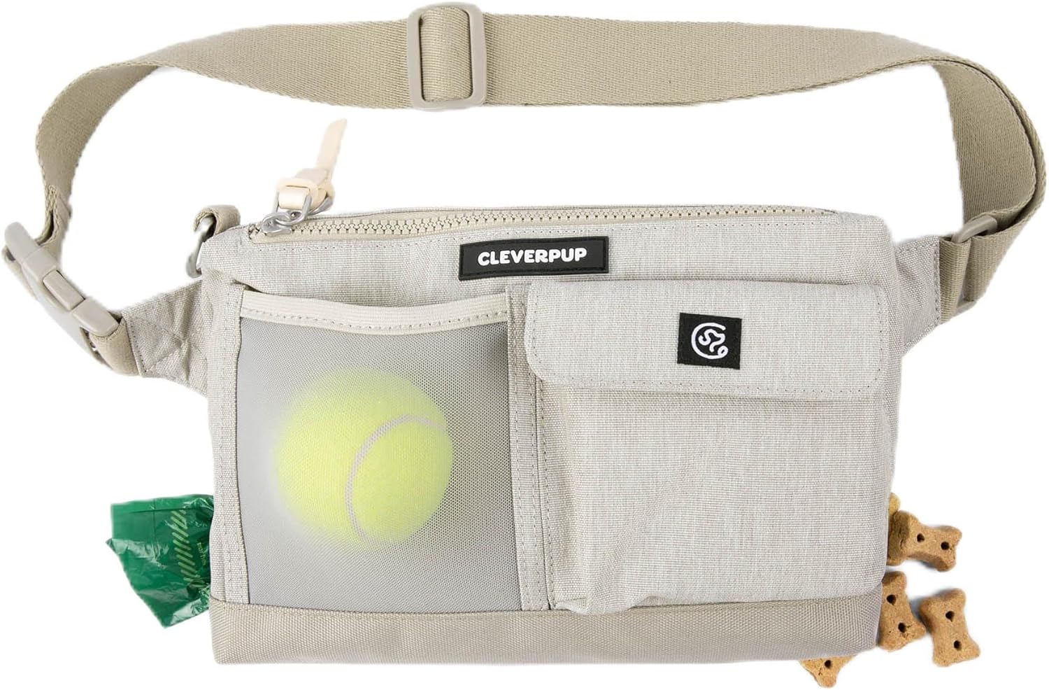 Dog Walk & Train Sling Bag – Hands-Free 2-In-1 Treat Pouch, Poop Bag Holder, Clicker, Phone Pocket – Crossbody/Fanny Pack, Adjustable Strap – Sand