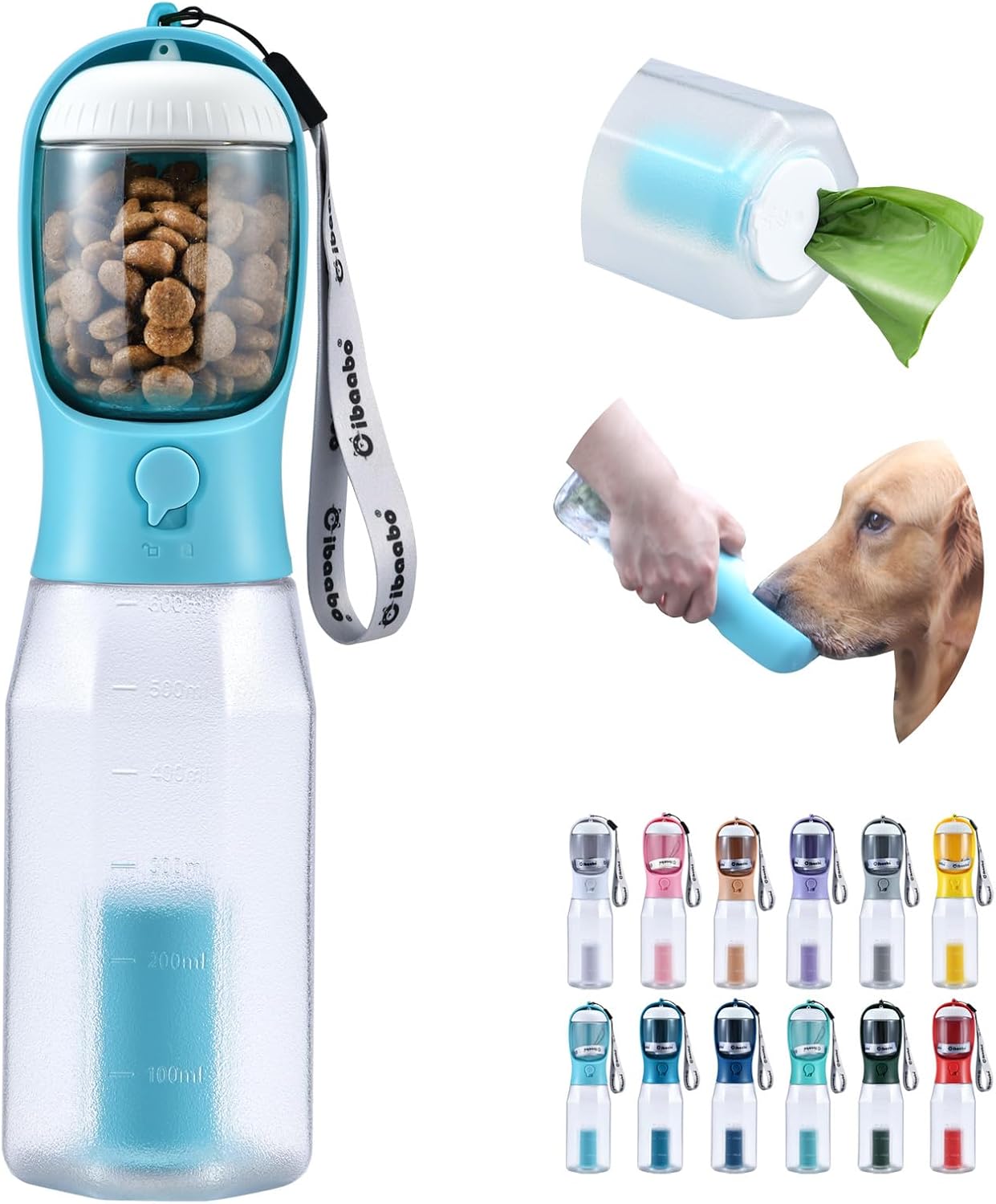 Dog Water Bottle with Food Container & Poop Bag Holder, Travel Water Bowl, Portable Pet Dispenser, Dog Gifts Stuff Accessories Items, Puppy Essentials for Yorkie Chihuahua Walking Hiking