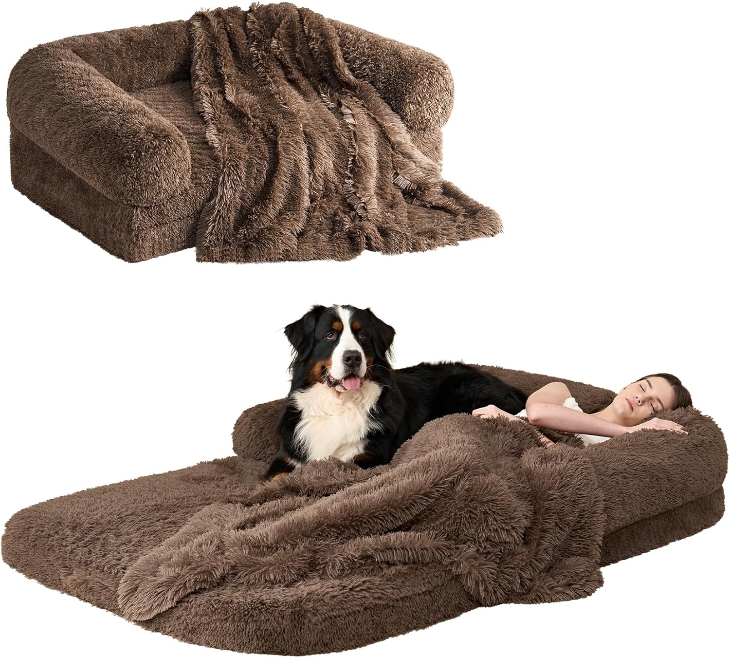 EHEYCIGA Foldable Human Dog Bed, 72″x44″x11″ Orthopedic Memory Foam Human Sized Dog Bed, Waterproof Pet Bed for People, Faux Fur Pet Couch for Adult with Non-Slip Bottom, Brown