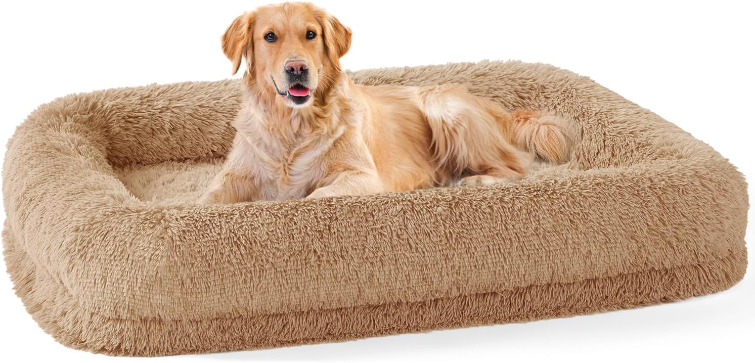 Extra Large Dog Bed – XL Dog Bed with Washable Removable Cover, Fluffy Waterproof Pet Sofa with Supportive Egg Foam and Nonskid Bottom, Camel