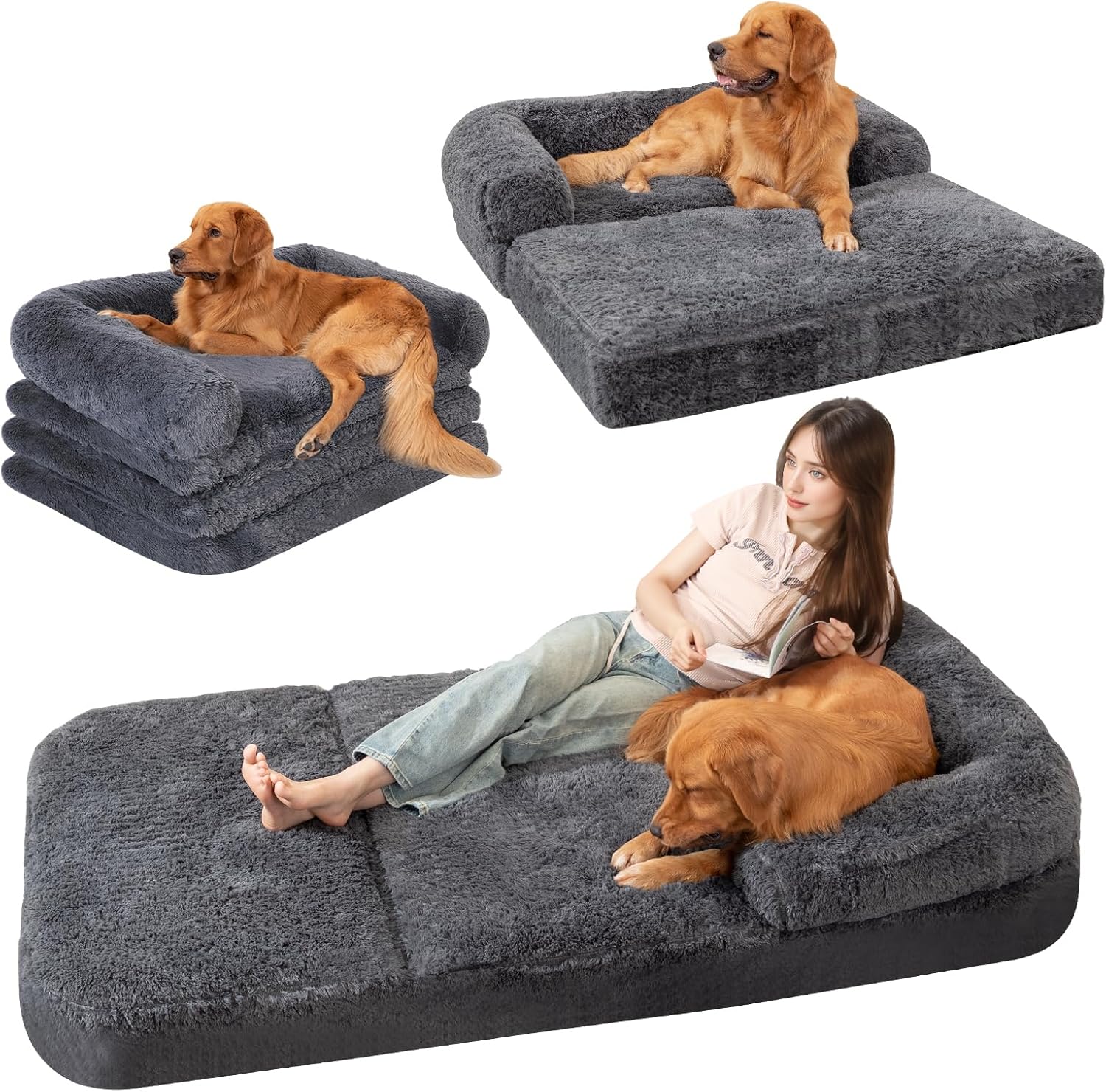 Foldable Human Dog Sofa Bed, 73x42x10 in Faux Fur Orthopedic Pet Bed with Egg Foam Mattress, Portable Dog Bed for Adults, Camping Indoor Use