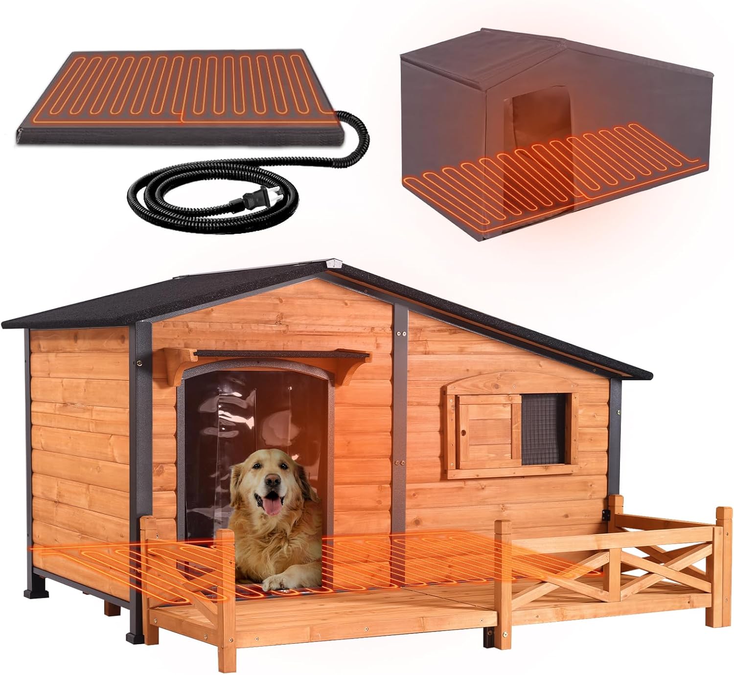 GUTINNEEN 60.4’’ Extra Large Heated Dog House Outdoor for Large Breed, Insulated Dog Kennel with Removable Heating Pad for Winter, Weatherproof Dog Shelter with Anti-Chewing Iron Frame, Large Porch