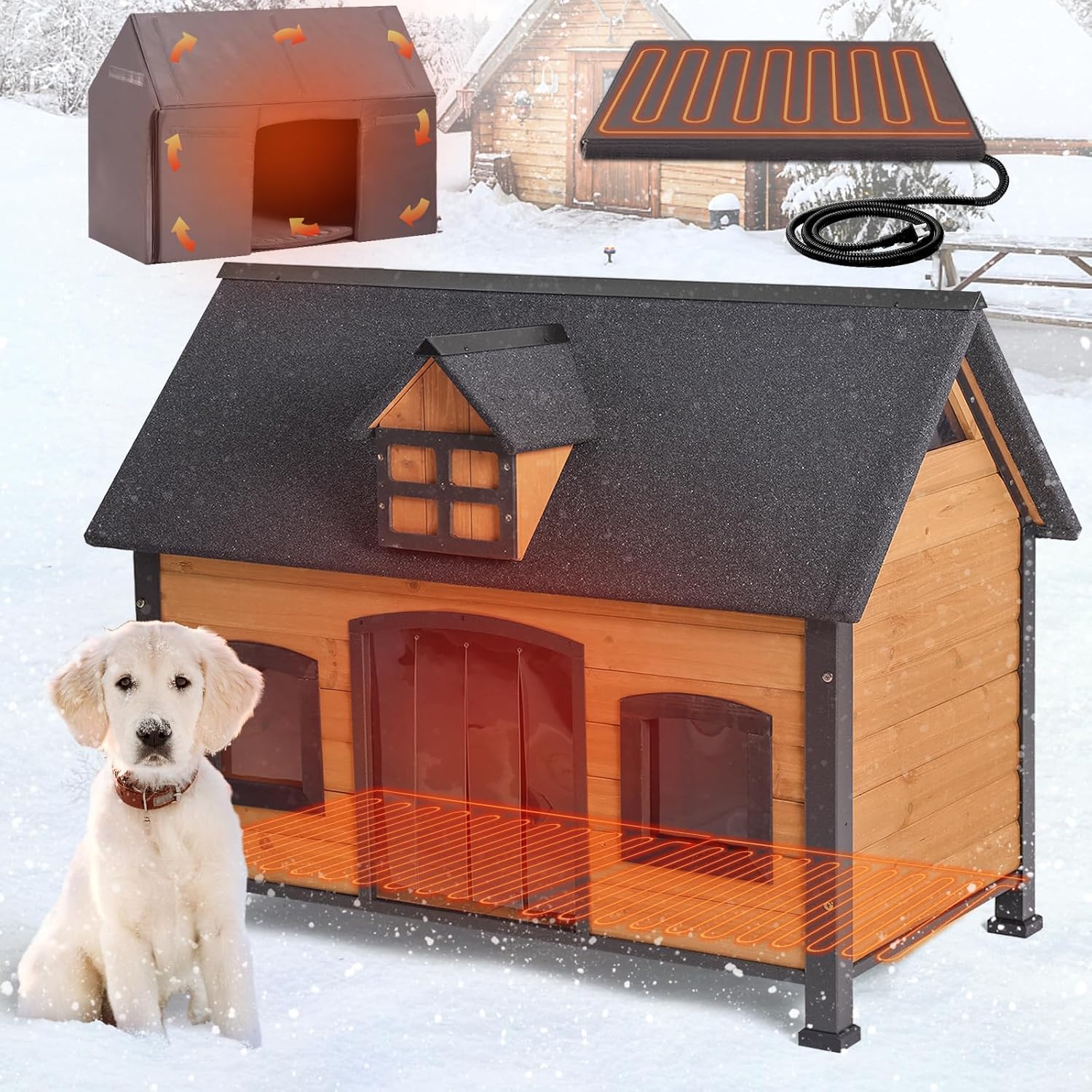 GUTINNEEN Heated Dog House for Large Dogs Outdoor Insulated Dog Kennel with Heater for Winter,All-Around Strong Iron Frame