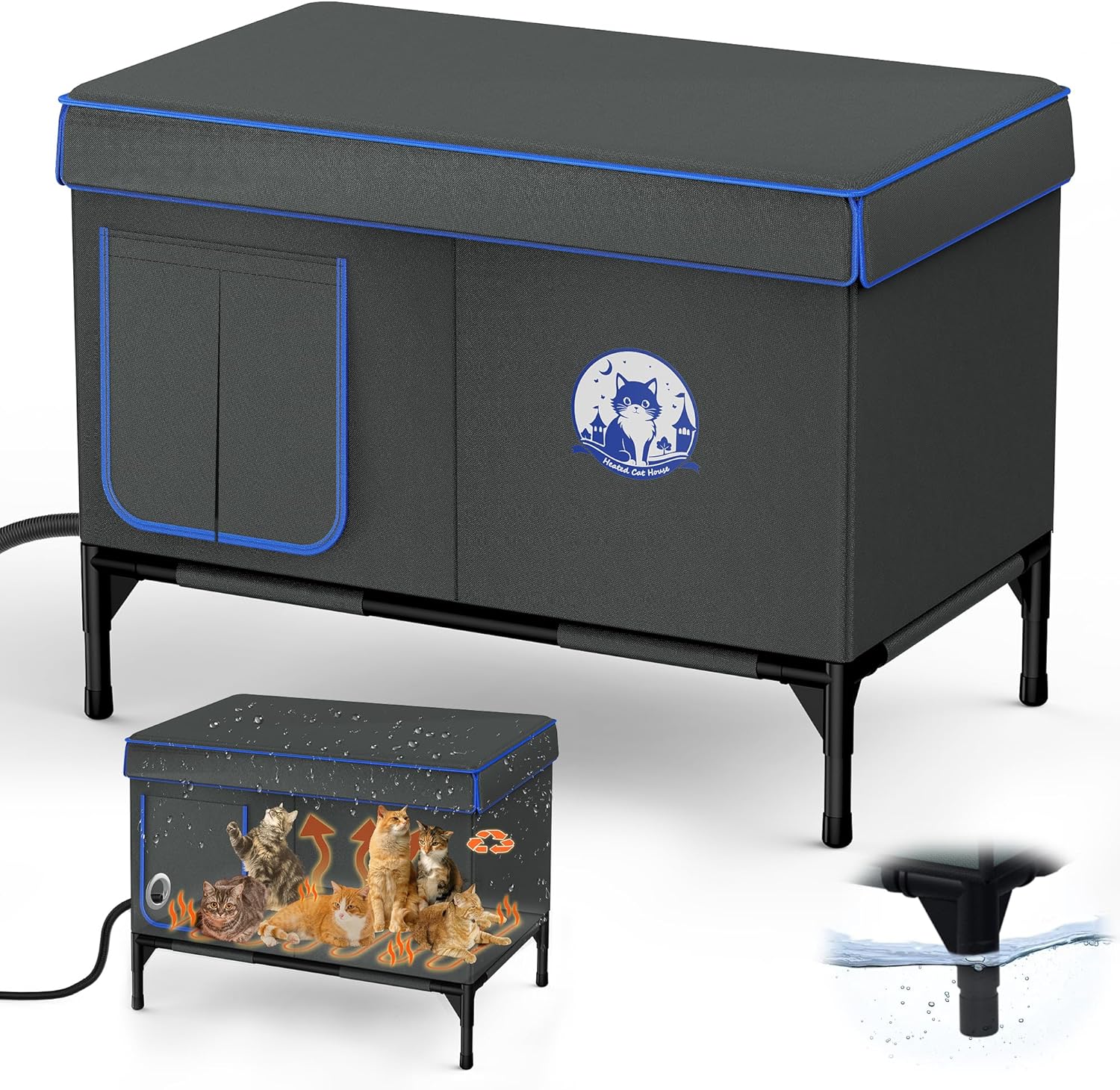 Heated Outdoor Cat House for Winter, 100% Waterproof XXL Shelter (29″x17″x21″) with Escape Door & Heating Pad, Insulated for Feral Cats & Small Dogs