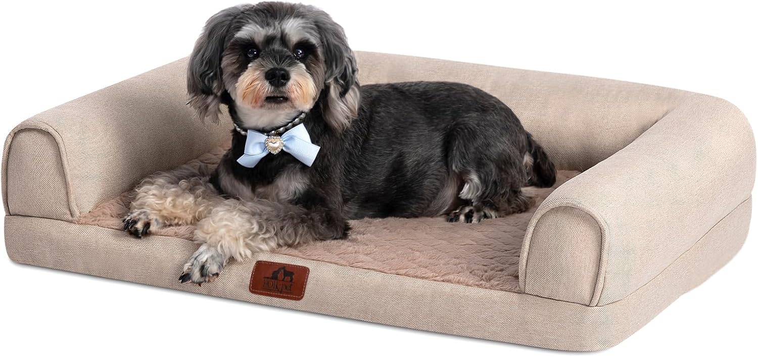 Hollypet Orthopedic Dog Bed for Medium Dogs, Supportive Foam Pet Couch with Removable Washable Cover and Non-Slip Bottom, Waterproof Lining Dog Sofa Bed, Khaki, M (28 * 22.5 * 7.5)