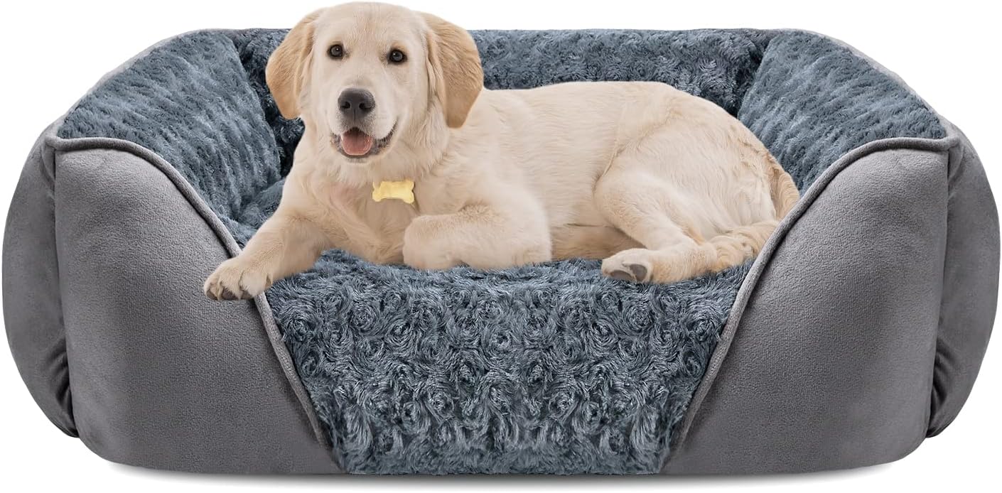 INVENHO Large Dog Bed for Large Medium Small Dogs, Rectangle Washable Orthopedic Dog Bed, Soft Calming Sleeping Puppy Bed Durable Pet Cuddler with Anti-Slip Bottom L(30″x24″x9″)
