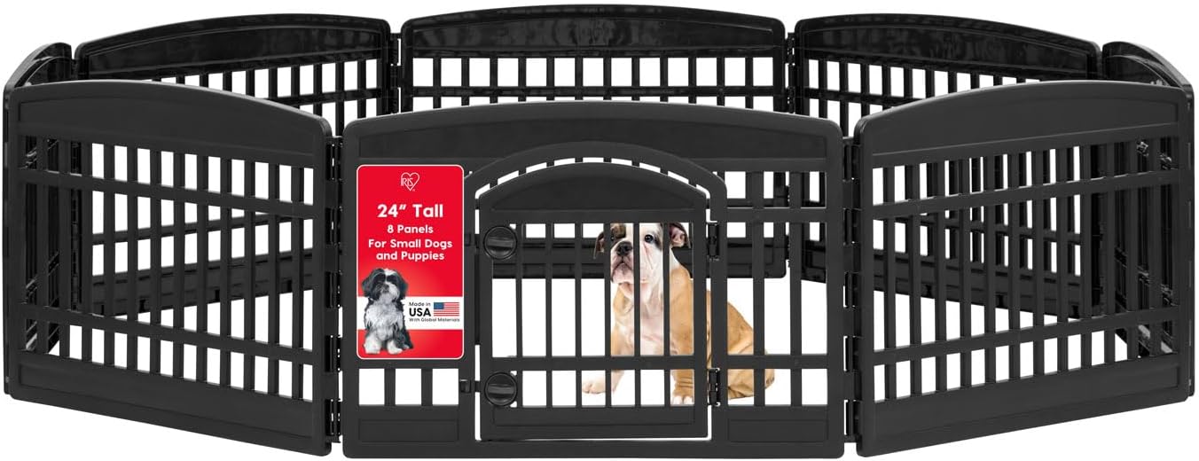 IRIS USA 24″ 8-Panel Dog Playpen with Door, 83.5 x 83.5 x 23.63, Puppy Playpen, Dog Play Pen Indoors, Pet Fence, Puppies/Small Dogs, Black