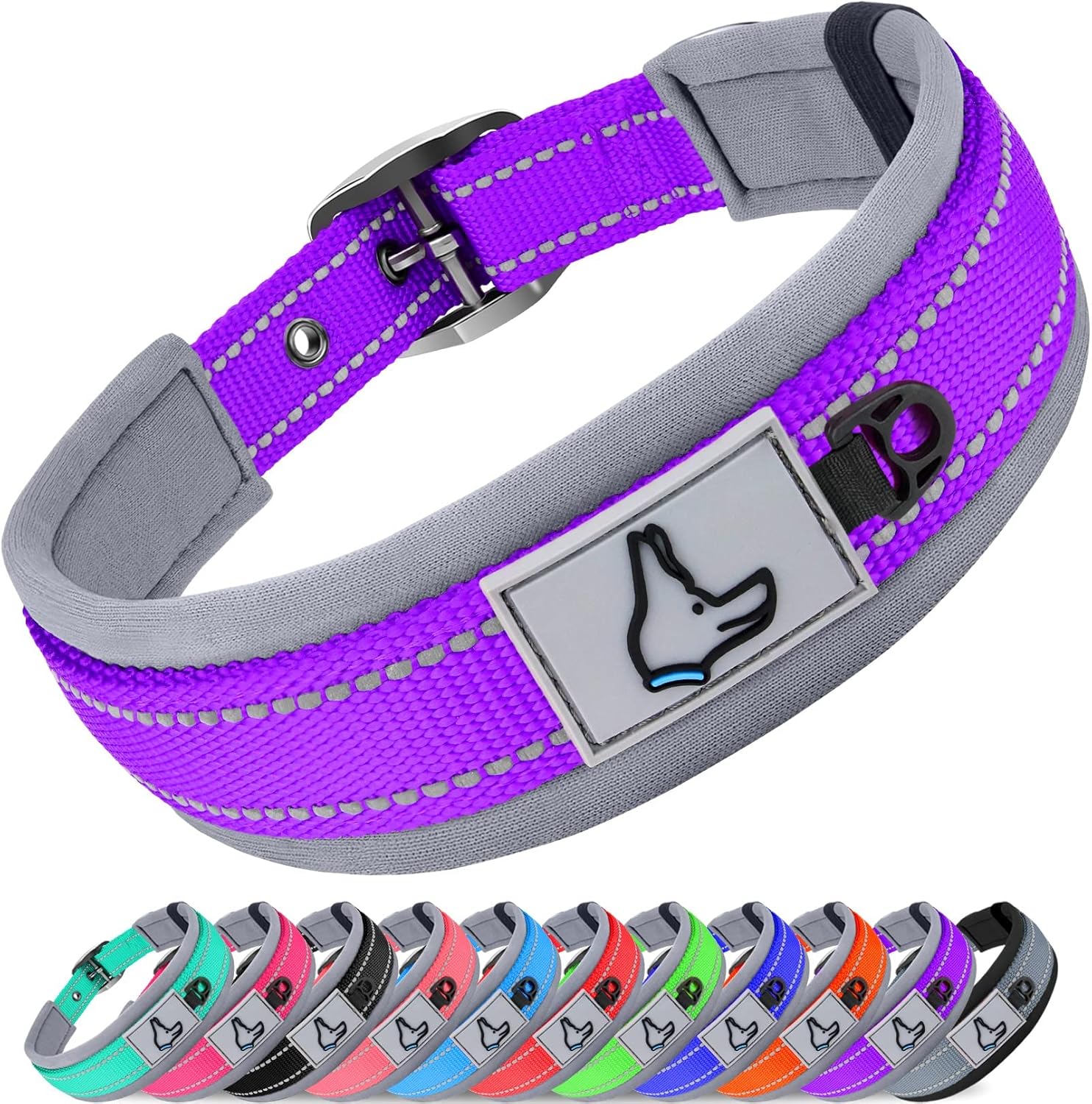 Joytale Dog Collar for Large Dogs, Neoprene Padded and Adjustable, Reflective Wide Heavy Duty Pet Collars with Durable Metal Belt Buckle for Walking, Purple, L