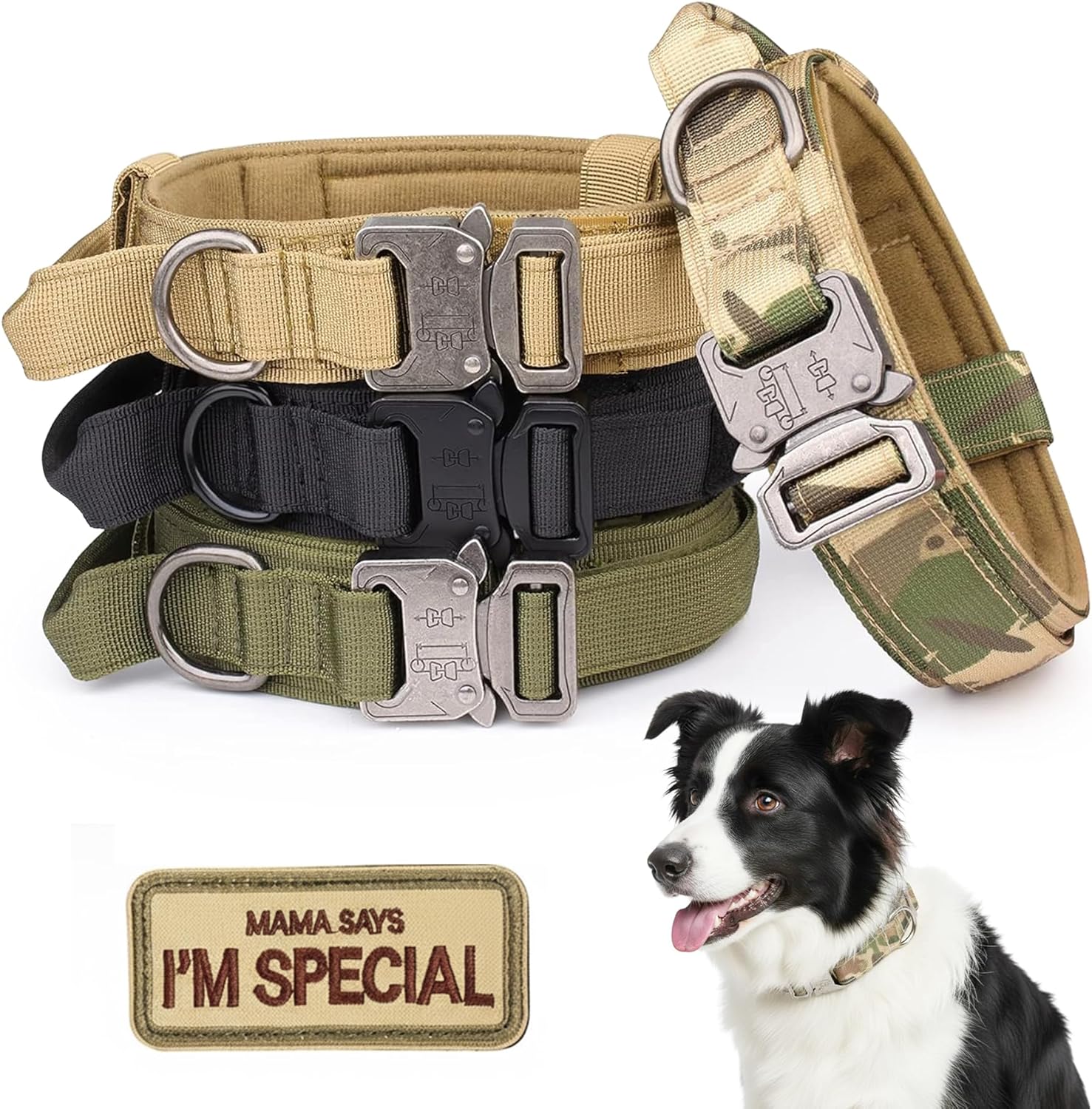 KCUCOP Tactical Dog Collar with Handle,Adjustable Military Dog Collar with Metal Buckle and Patches,Heavy Duty Dog Collars for Medium Dogs (Camo-M)