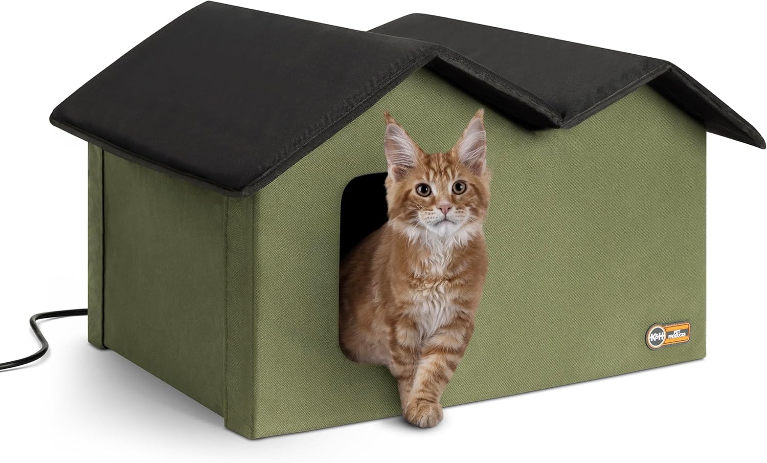 K&H Pet Products Extra-Wide Heated Cat House for Outside, Outdoor Cat House with 2 Safe Escape Doors, Weatherproof Insulated Stray & Feral Shelter with Waterproof Heated Bed, Safety Listed – Olive