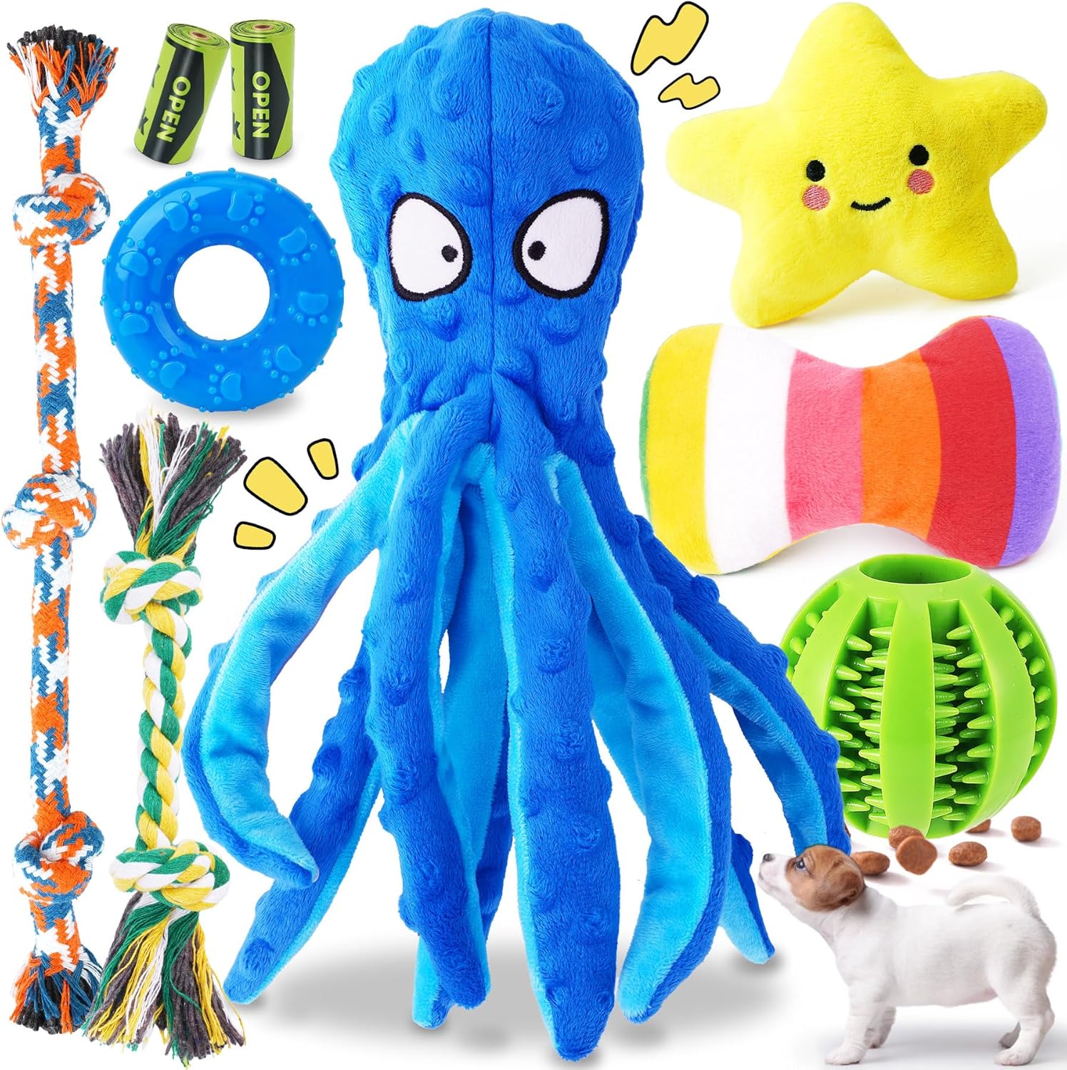 KIPRITII 9-Pack Interactive Puppy Dog Toys for Small Dogs No-Stuffing Squeaky Octopus-Shaped Toy, Cute Plush & Engaging Chew Toys for Puppy Teething to Keep Them Busy