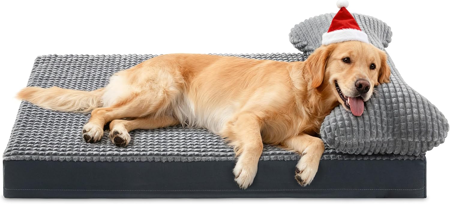 KISYYO Memory Foam Dog Bed, Orthopedic Pet Bed for Large Dogs Waterproof Dog Mat with Washable Removable Cover and Pillow, Egg Crate Foam Support, Anti-Slip Bottom (L)