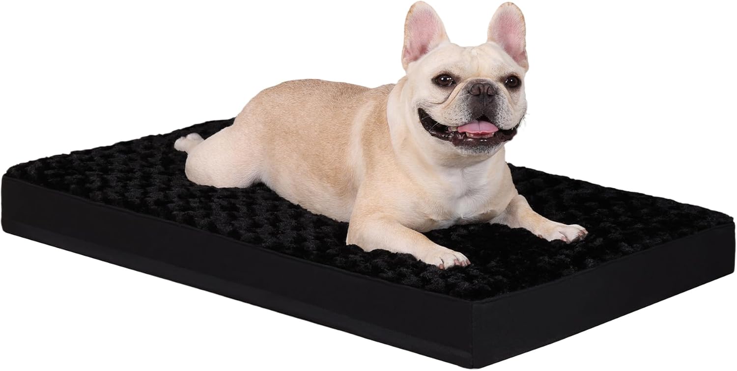 KSIIA Dog Crate Bed Waterproof Large Dog Bed Soft Rose Velvet Supportive Kennel Pad Egg Crate Foam with Removable Washable Cover & Non-Slip Bottom, 35 x 22 Inch, Black