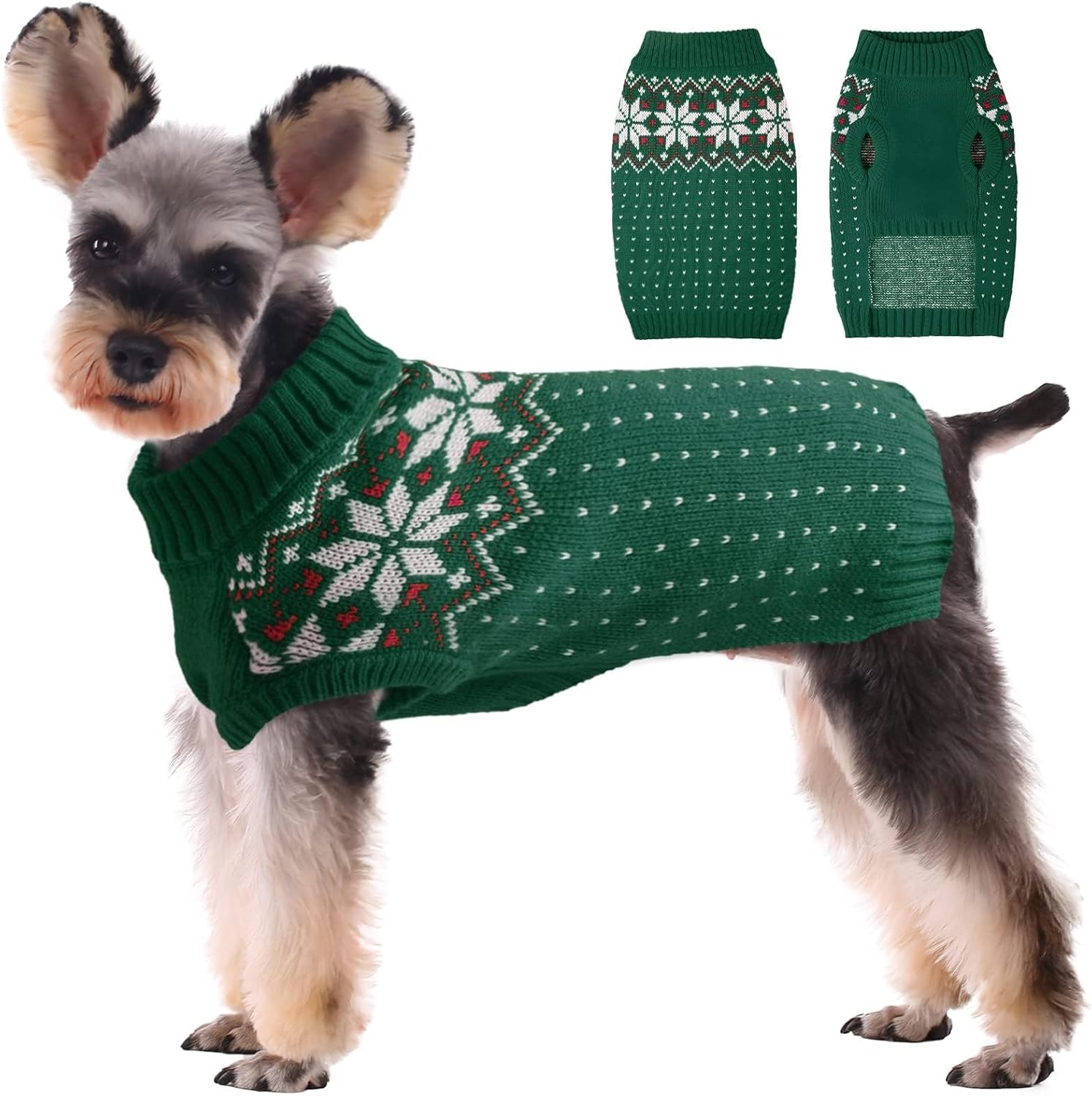 Kuoser Dog Christmas Sweater, Soft Warm Xmas Sweaters for Small Medium Large Dogs Boy Girl, Comfortable Dog Sweater with Leash Hole Snowflake Puppy Knit Outfit for Holiday Winter Fall, Green XS