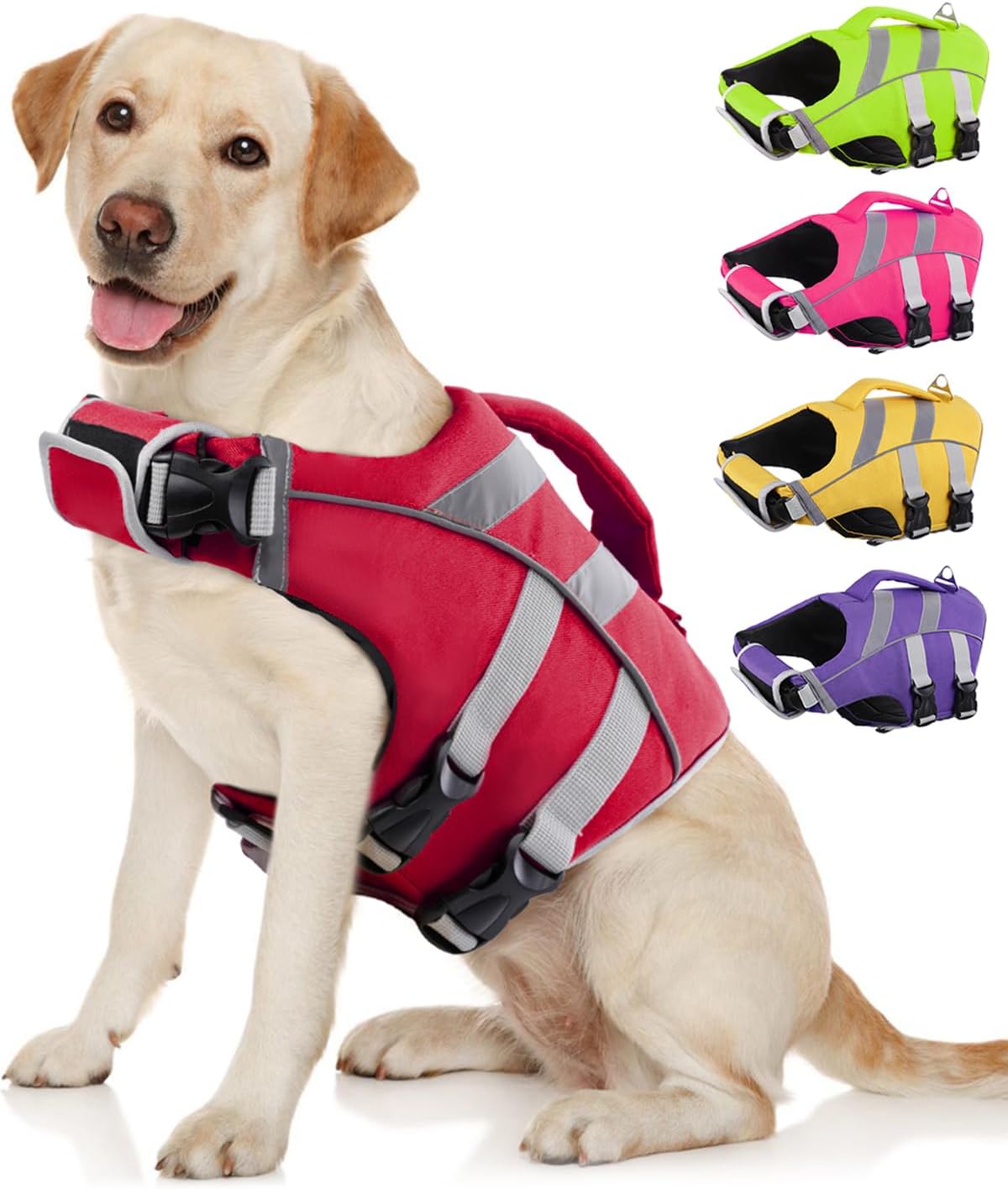 Kuoser Dog Life Jacket with Reflective Stripes – Adjustable High Visibility Vest, Ripstop Lifesaver, Pet Preserver with High Flotation Swimsuit for Small, Medium and Large Dogs