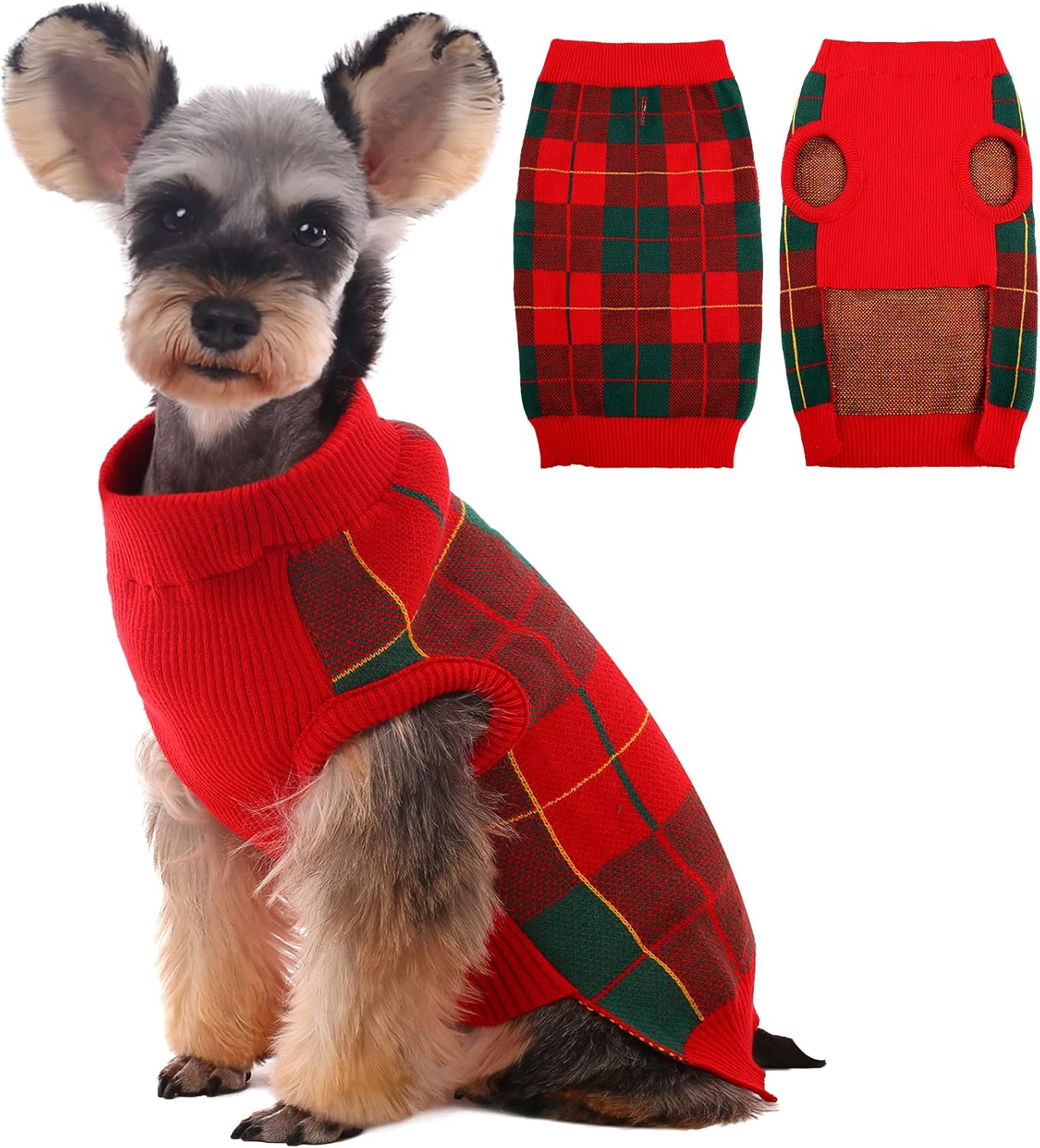 Kuoser Dog Sweater Pullover Knitwear, Dog Christmas Sweaters Classic Plaid Cable Knitted Wear, Pet Turtleneck Puppy Cold Weather Clothes for Small Medium Dogs, Green Plaid S