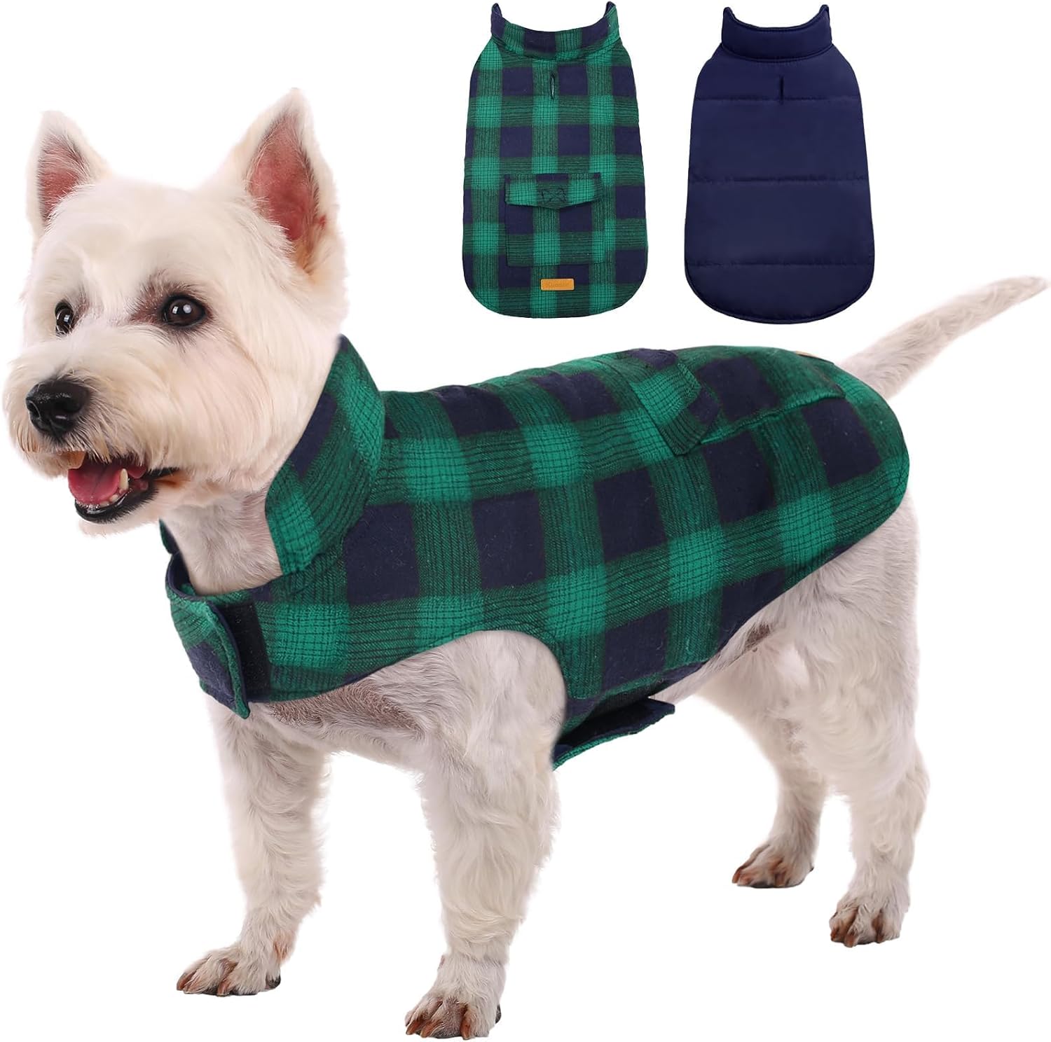 Kuoser Reversible Winter Coat, British Style Jacket for Small Dogs, Warm Windproof Puppy Cold Weather Clothes Vest, Green XS