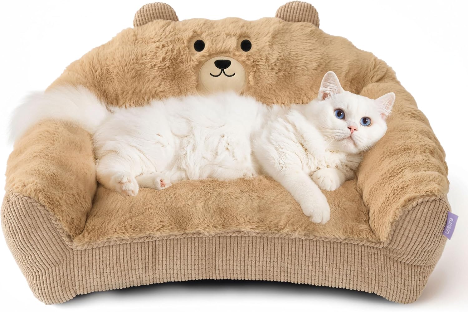 LE SURE Cat Bed for Pets – Fluffy Cat Couch with Original Bear Design, Fuzzy Cats Sofa with Removable Washable Cover, Supportive Pet Chair, 24inch, Almond