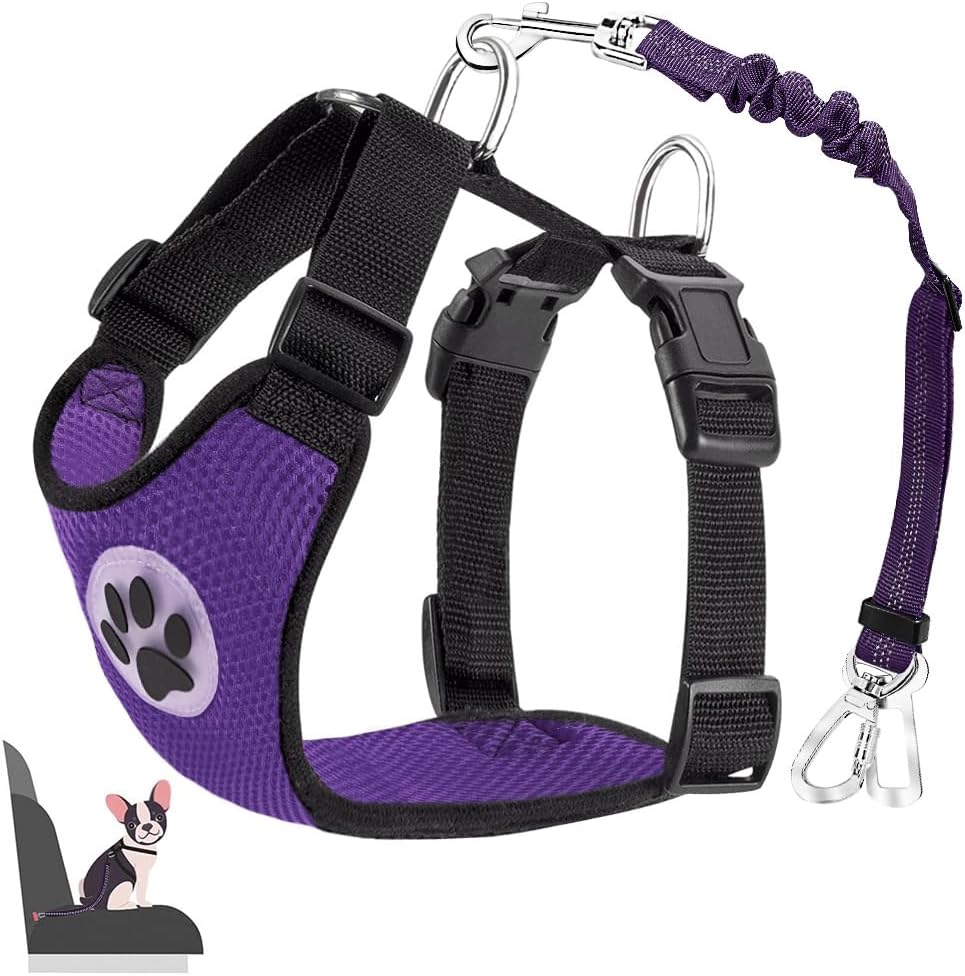 Lukovee Dog Seat Belt – Adjustable Dog Car Harness for Large, Medium & Small Dogs, Soft Padded & Breathable Mesh Dog Seatbelt with Car Vehicle Connector Strap (Purple Double Clip, Medium)