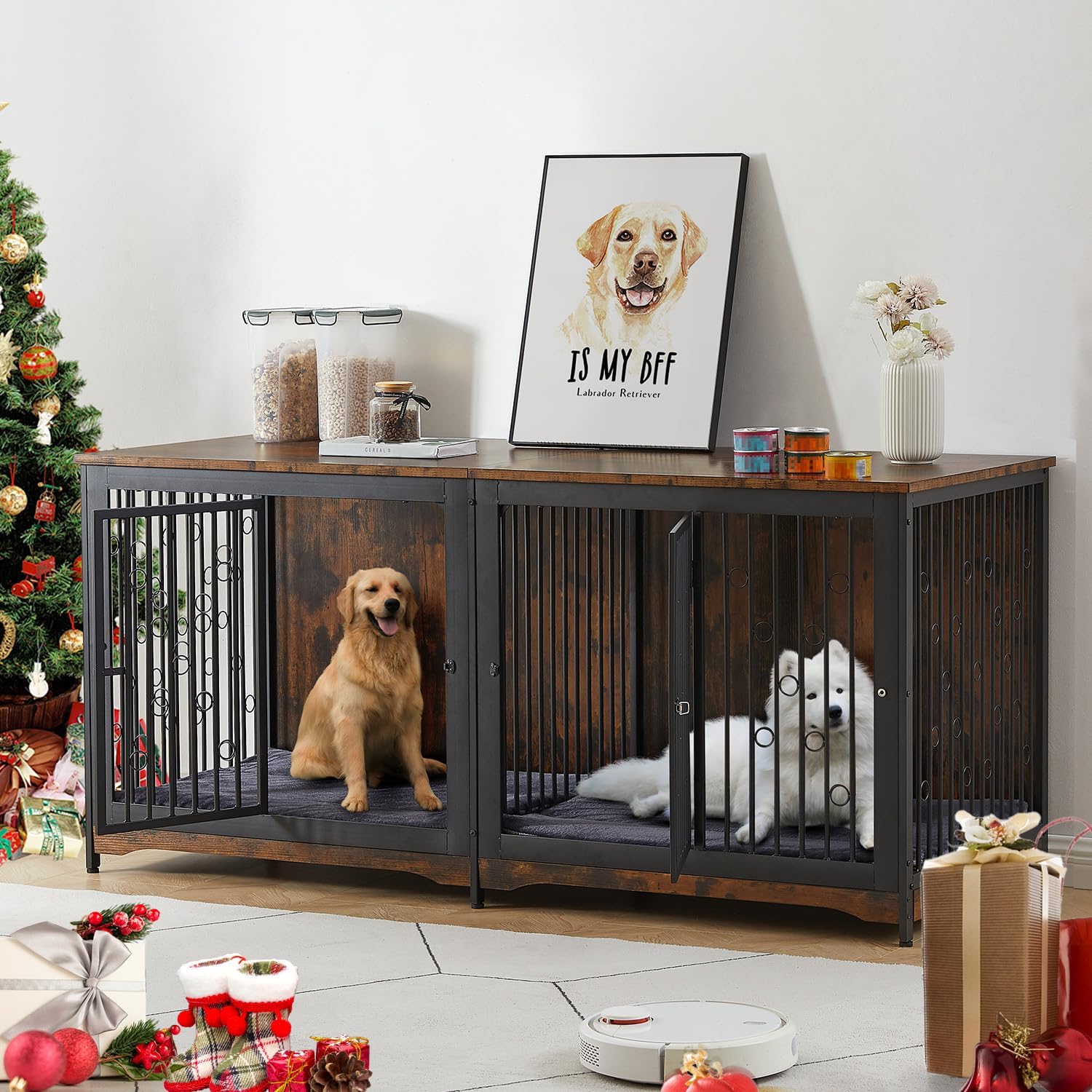 Lyromix 71” Dog Crate Furniture for 2 Large Medium Dogs, XXL Wooden Indoor Double Crate Kennel Cage Large Breed with Door, TV Stand End Table with Divider, No Cushion,Brown