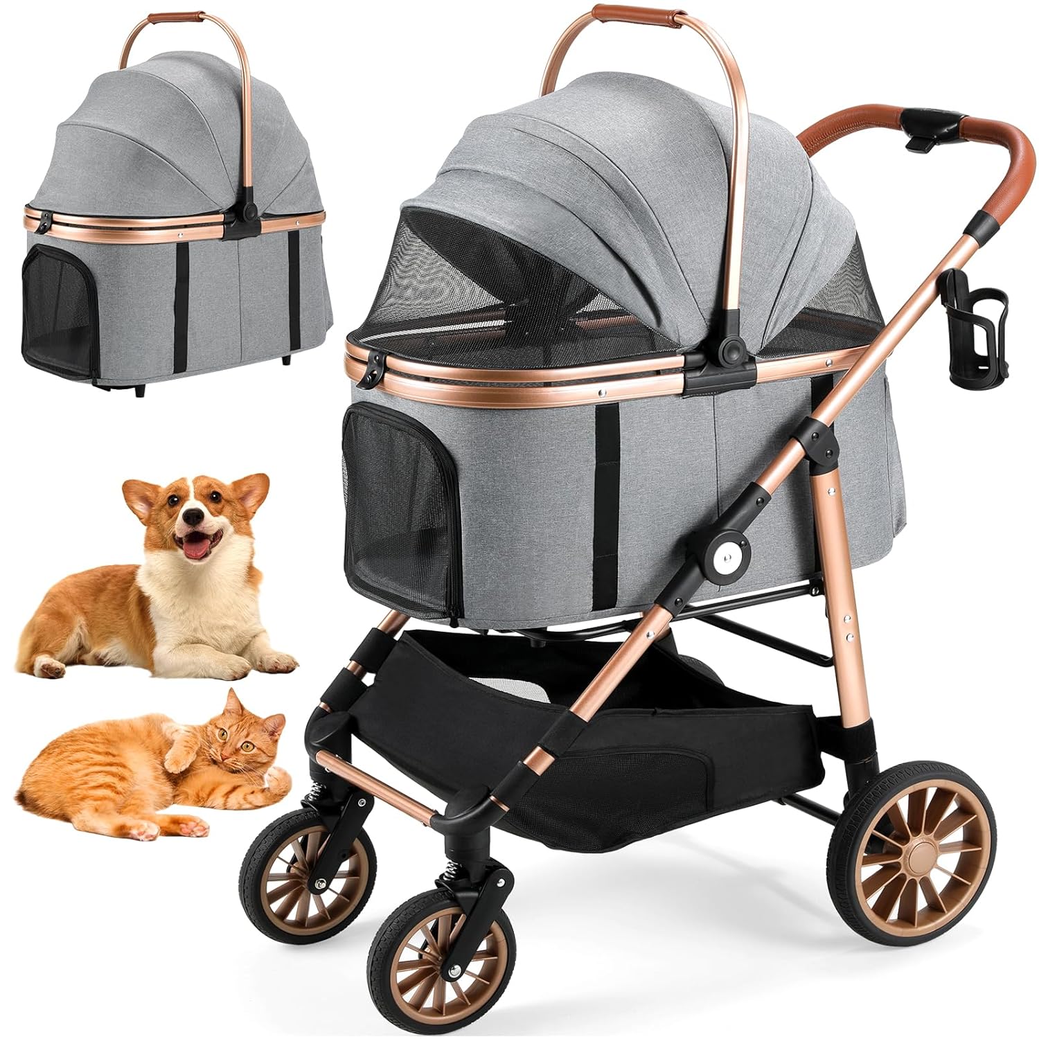 MAMIZO Foldable 4 Wheels Pet Stroller for Small/Medium Dogs Cats up to 55lbs, 3-in-1 Dog Stroller, Detachable Carrier and One-Click Folding Design, Travel Puppy Cart, 4 Wheels are More Stable