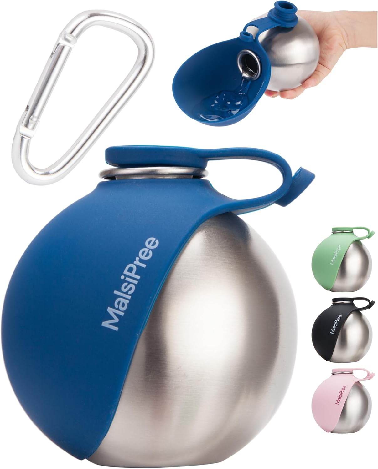 Malsipree 2-in-1 Portable Dog Water Bottle & Bowl for Small Dogs – Leak Proof & Insulating – Travel Water Dispenser – Stainless Steel Bottle & Silicone Bowl – Walking & Hiking (10 fl oz, Navy)