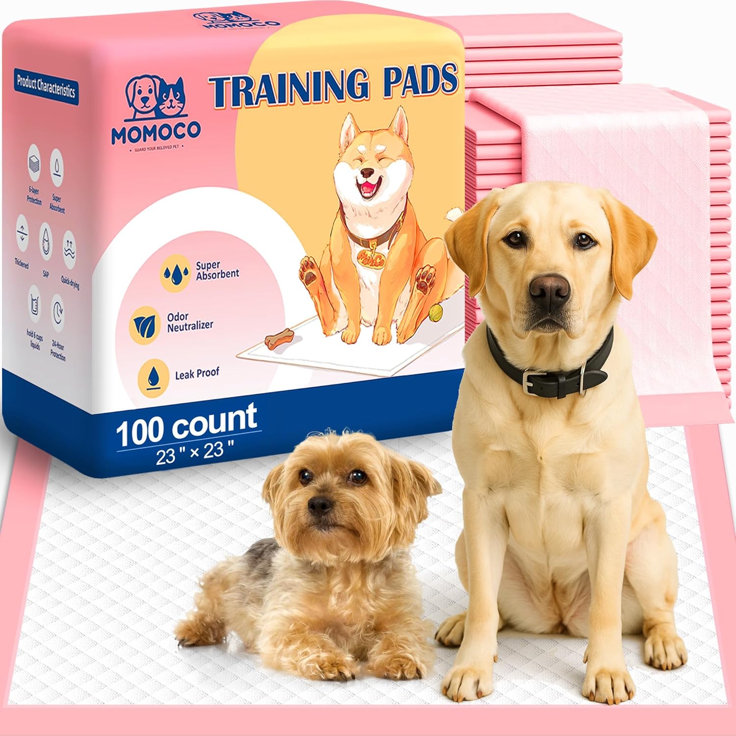 MoMoCo Puppy Pads, 23″x23″-100 Count Dog Pee Pads, Super Absorbent Disposable Dogs Training Pads , Leak-Proof, Quick-Drying Dogs Potty Pads for Doggies Puppies