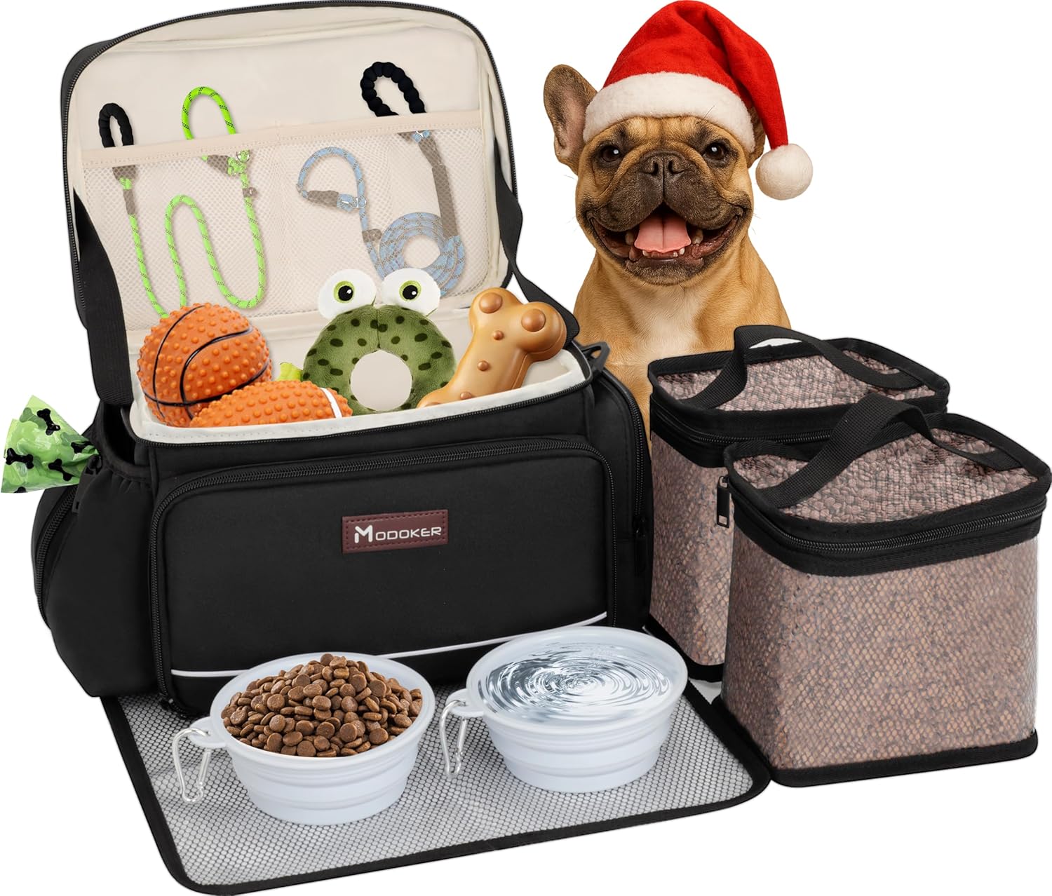 Modoker Dog Travel Bag Airline Approved Pet Cat Tote Organizer for Weekend Trips, 2 Bowls, 2 Food Containers & Feeding Mat