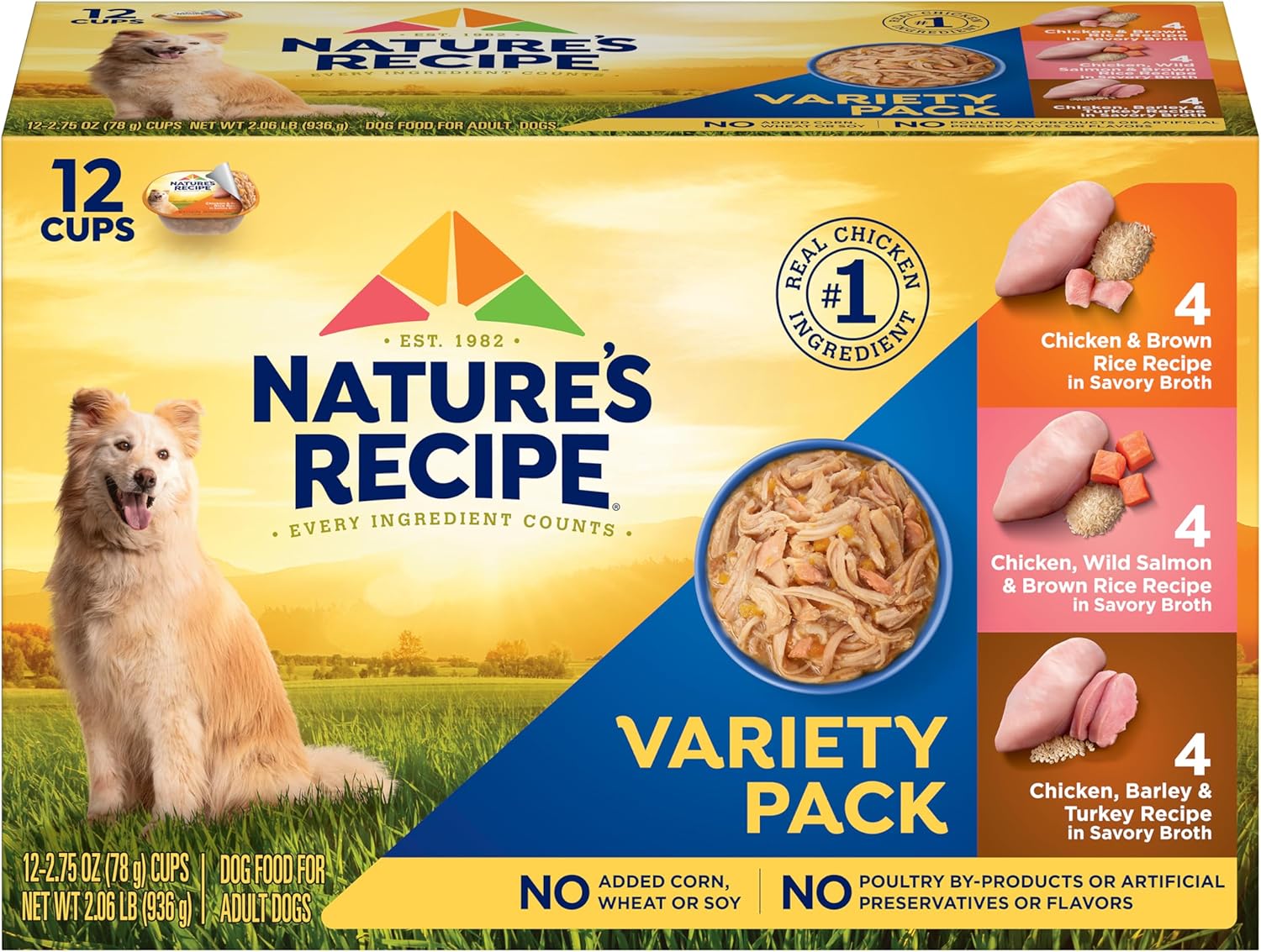 Nature’s Recipe Chicken, Salmon and Turkey Recipes Variety Pack Wet Dog Food, 12-2.75 oz. Cups, 2 Count