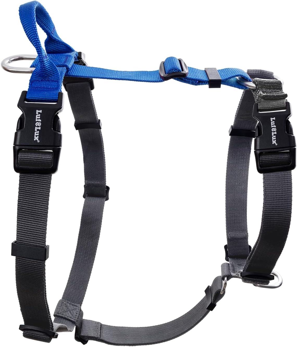 Non-Restrictive Dog Harness, Easy Walk Freedom No Pull Harness, Keep Balance, Neck-Buckle, Six Points Adjustment, 2 Leash Clips for Back and Front Clip (Blue/Black, Large)