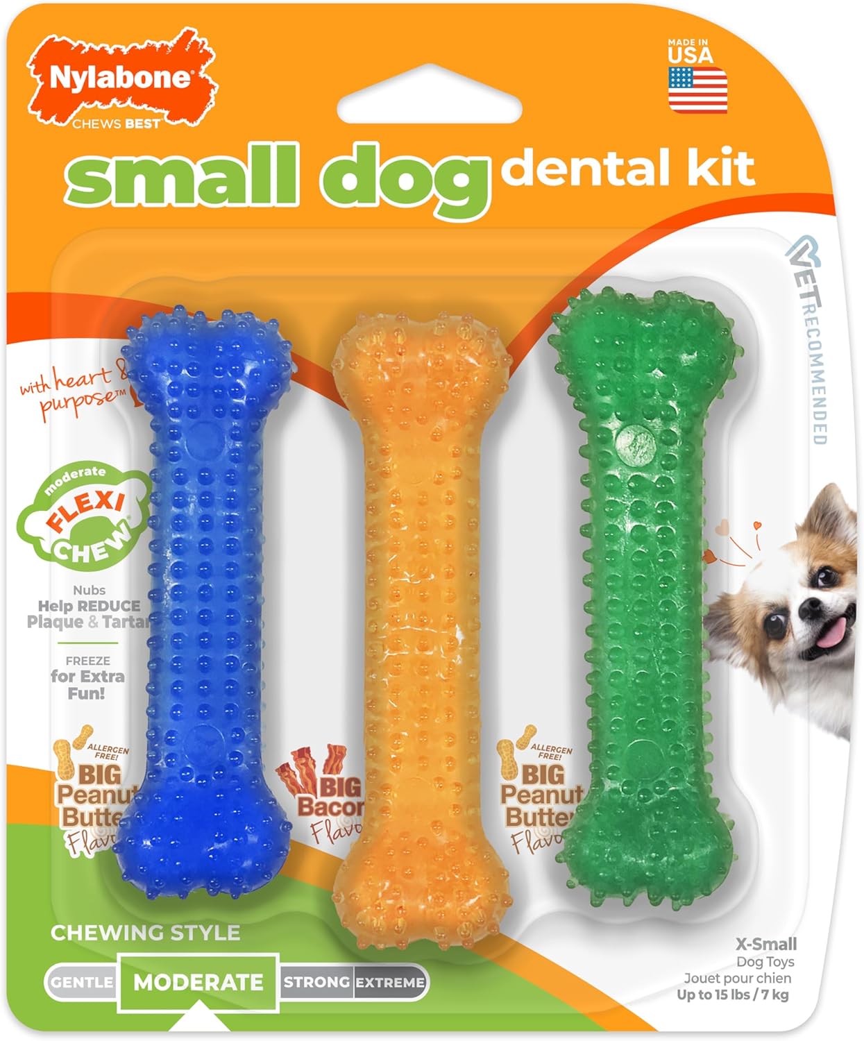 Nylabone Original Bone Flexi Chew Toy for Dogs, Dog Toys for Moderate Chewers, Dog Chew Bones, Bacon & Peanut Butter Flavor, For X-Small Dogs – Up to 15 lbs, 3 Pack