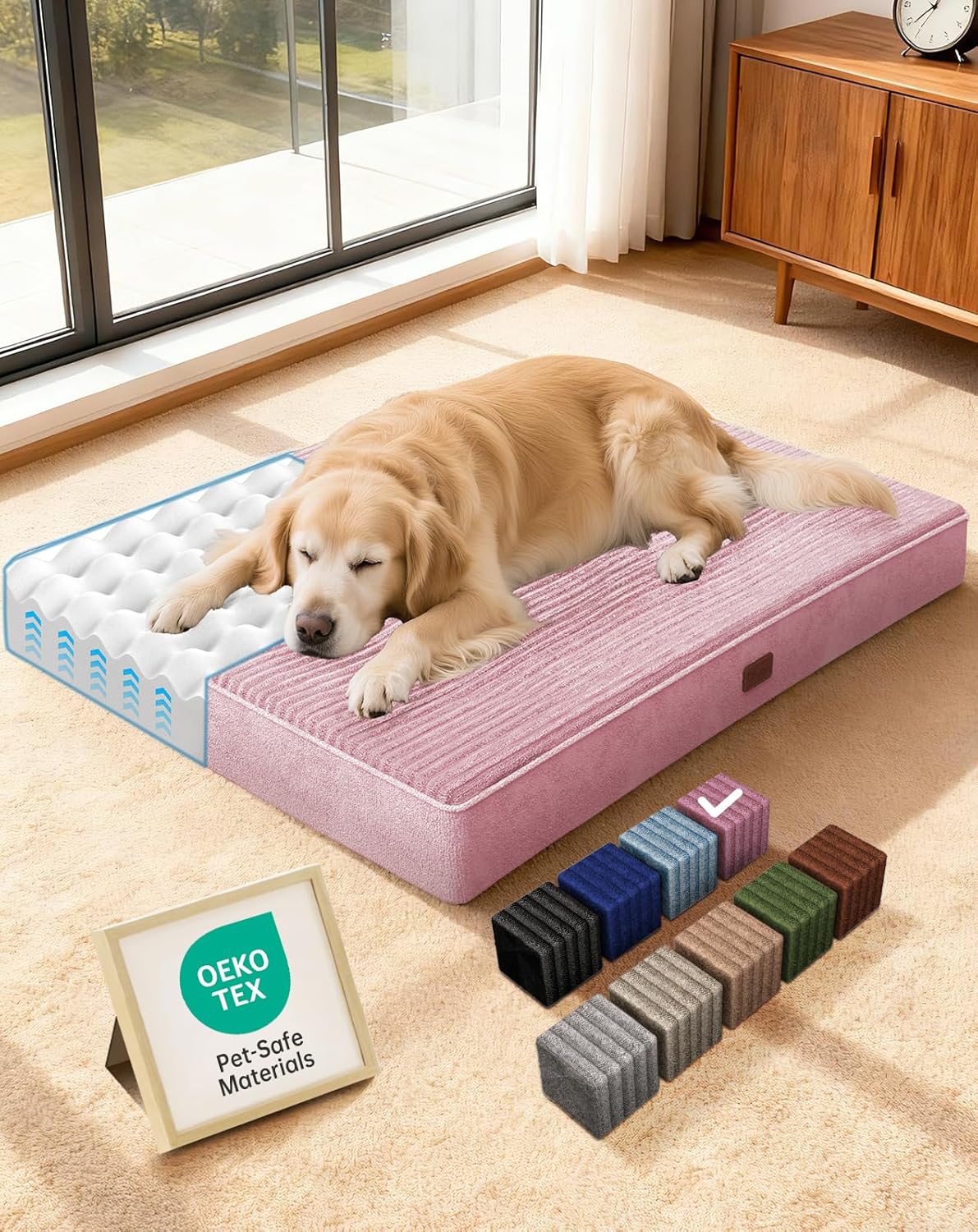 OhGeni Orthopedic Waterproof & Machine Washable Dog Bed for Large Pets, Suitable for Crates, Cat Mat with 25D Egg Crate Foam, Non-Slip Bottom & Removable Cover, 41 Inches(Pink)