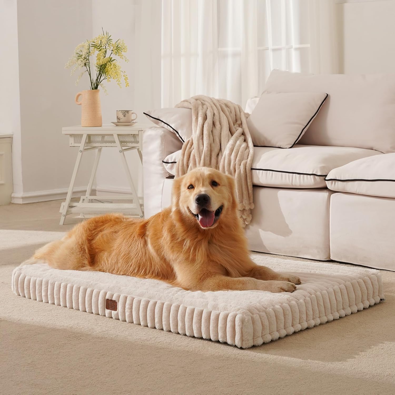 Orthopedic Dog Bed for Large Dog, Waterproof Pet Bed,Non-Slip Bottom and Egg-Crate Foam with Removable Washable Cover Crate Bed,Cream,36″x27″x3″