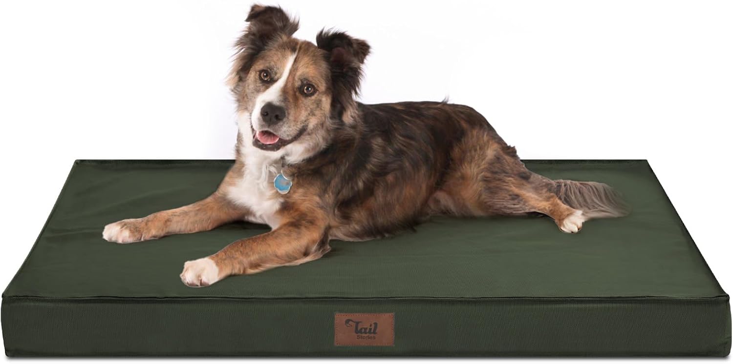 Outdoor All Weather Large Dog Bed, Waterproof Dog Bed for Large Dogs 36×27 Inch, Orthopedic Egg Crate Foam Pet Bed with Washable Removable Oxford Cooling Cover, Dark Green