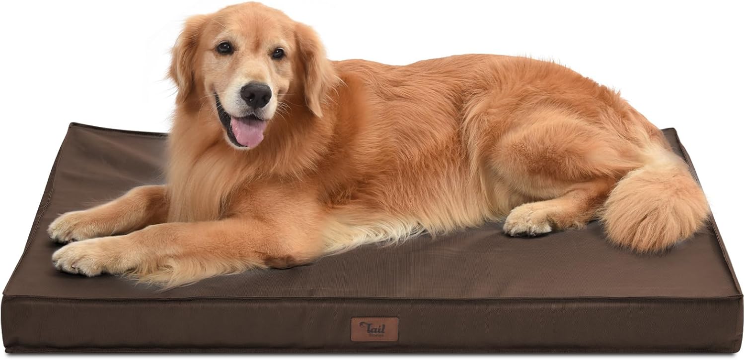 Outdoor All Weather XL Dog Bed, Waterproof Dog Bed for Extra Large Dogs, Orthopedic Egg Crate Foam Pet Bed with Removable Washable Oxford Cooling Cover, 44×32 Inch, Brown