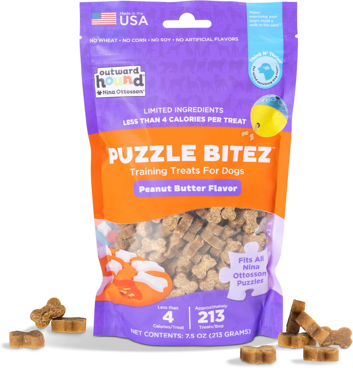 Outward Hound by Nina Ottosson Puzzle Bitez USA Made Dog Treats, Peanut Butter Flavor, Bite-Sized Training Reward and Interactive Puzzle Toy Treats, 7.5oz