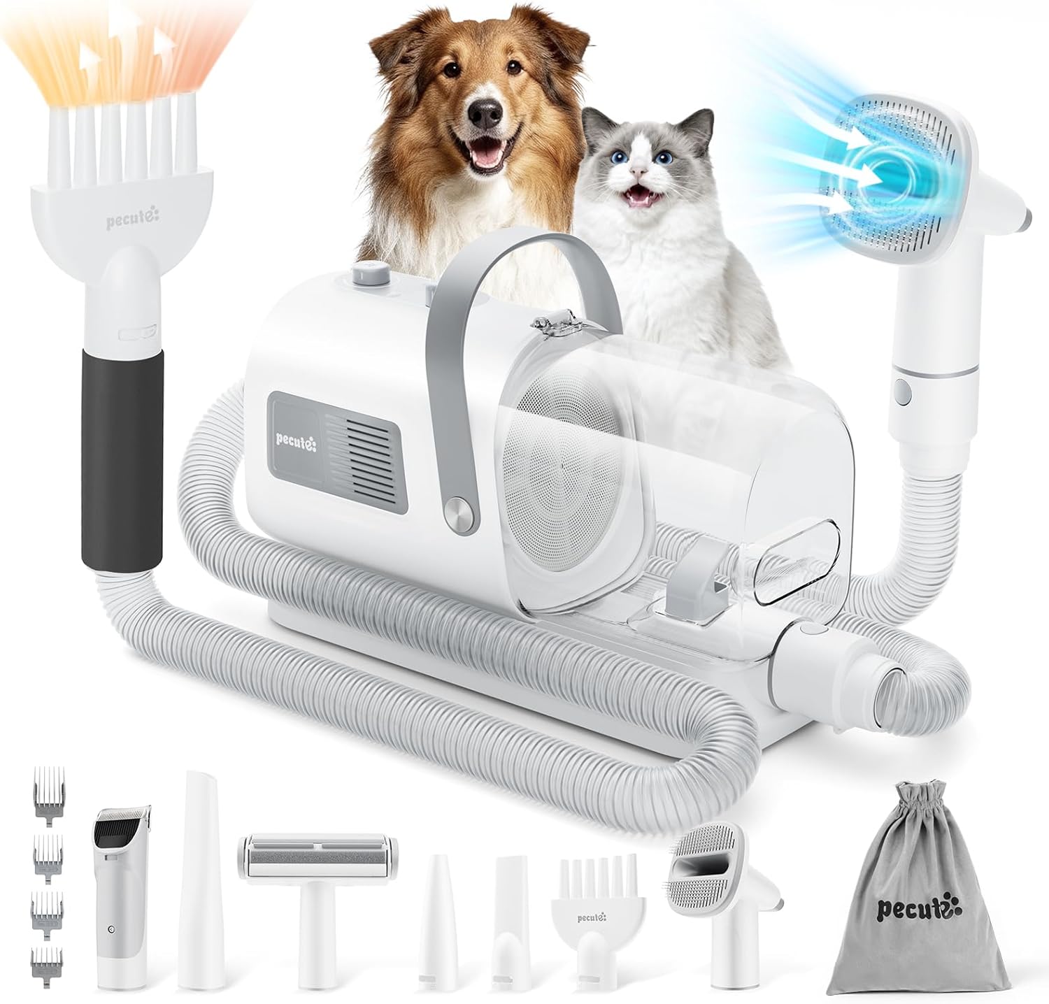 Pecute Dog Grooming Vacuum & Dryer, 7-in-1 Pet Grooming Kit with Clipper, 10000Pa Dog Vacuum for Shedding Grooming, Adjustable Speed & Temp, 55dB Low Noise,1.7L Dust Cup