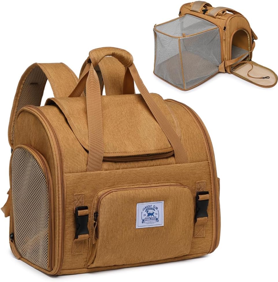 Pet Backpack Carrier for Small Dogs Medium Cats, Puppies,Breathable and Collapsible Design, Portable Travel Bag for Bearded Dragon,Rabbit Cage (Brown +Two-Shoulder, Small)