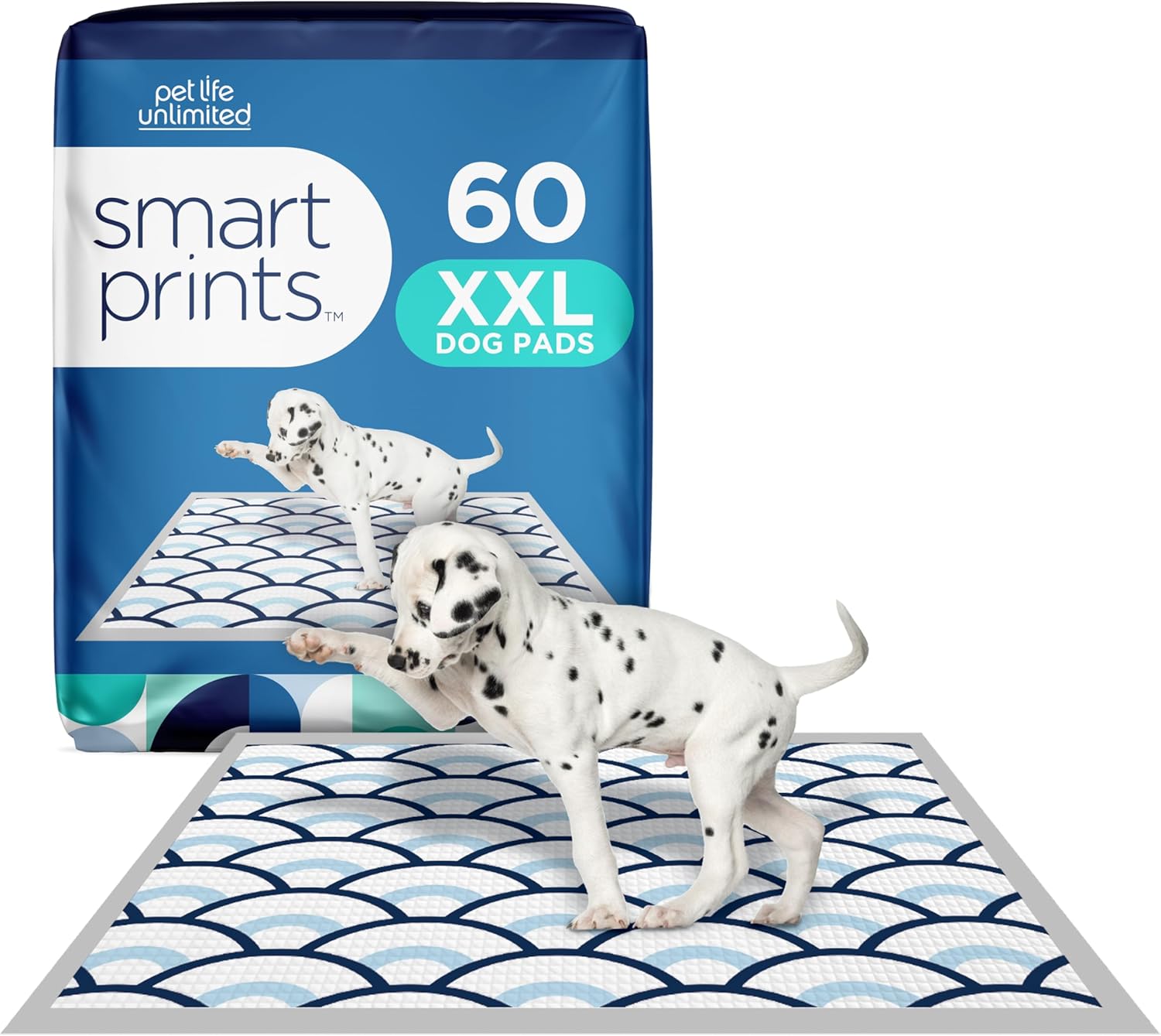 Pet Life Unlimited Smart Prints Extra Extra Large Puppy Pads – 30″ x 36″, 60 Count (XXL) | Stylish Dog Training Pads with Odor Controlling Wetness-Activated Sweet Bluegrass Scent | USA Made