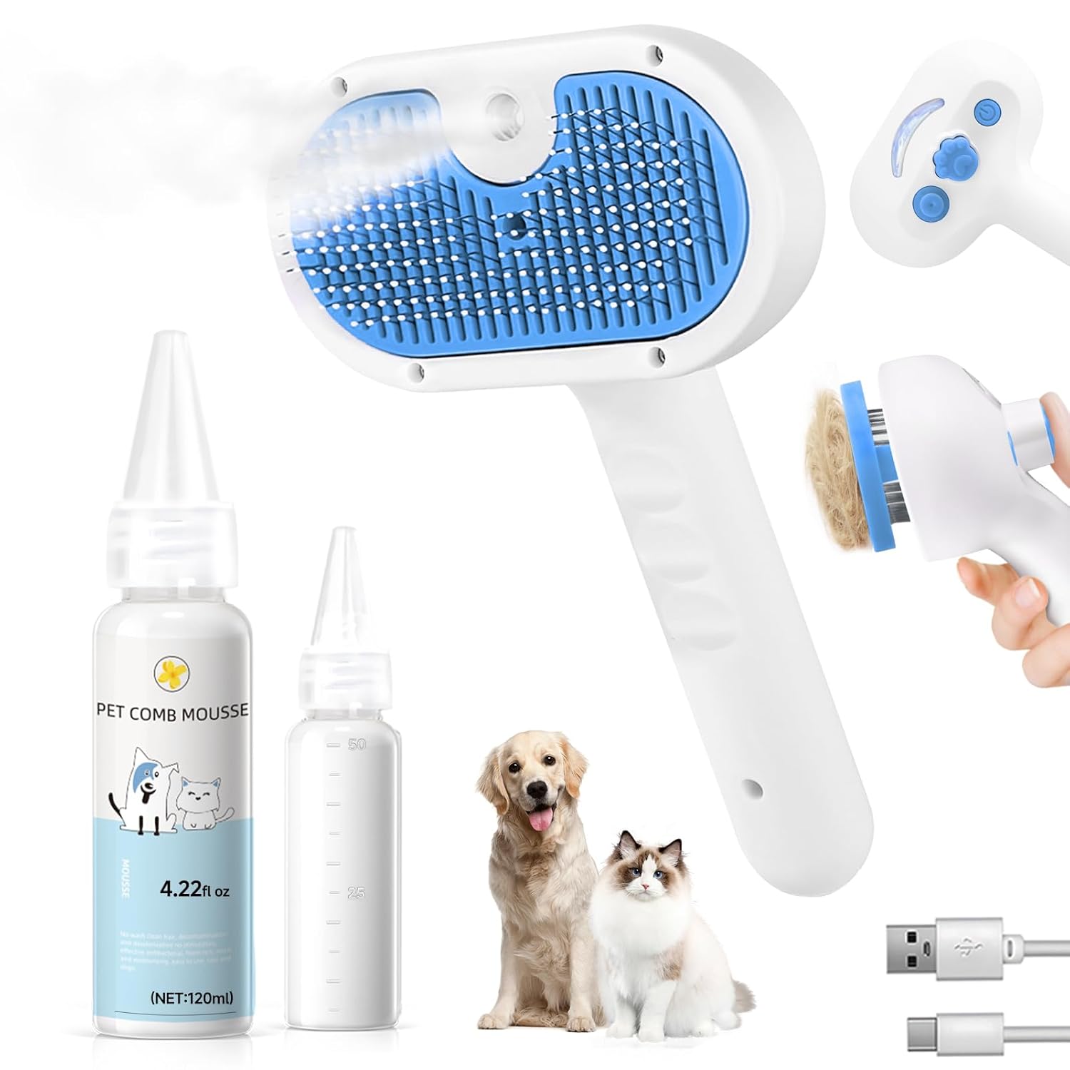 Pet Steam Brush for Dog & Cat – 3-in-1 Steam Grooming Brush for Shedding & Hair Removal – Self Cleaning Spray Comb with Mist for Long Haired Pets – Includes 1*Waterless Shampoo, Blue