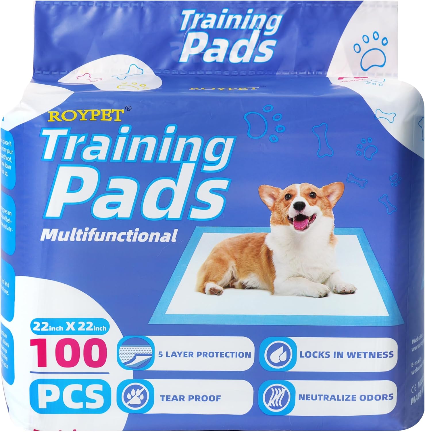 Roypet 22″ x 22″ Puppy Training Pads in Bag, 5-Layer Leak-Proof Design and Quick-Dry, Surface for Potty Training, Ultra Absorbent and Odor Eliminating, 100 Count, Blue & White