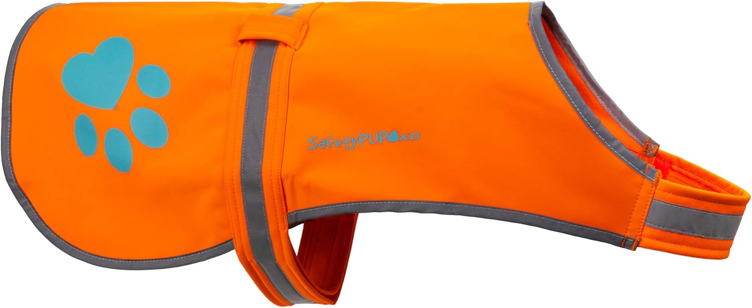 SafetyPUP XD Soft-Shell Reflective Dog Vest. Hi Visibility Waterproof Jacket with Light Fleece Lining. Ideal in Cooler Climates. Fluorescent Hi Vis Safety Vest to Protect Your PUP (Orange, Large)