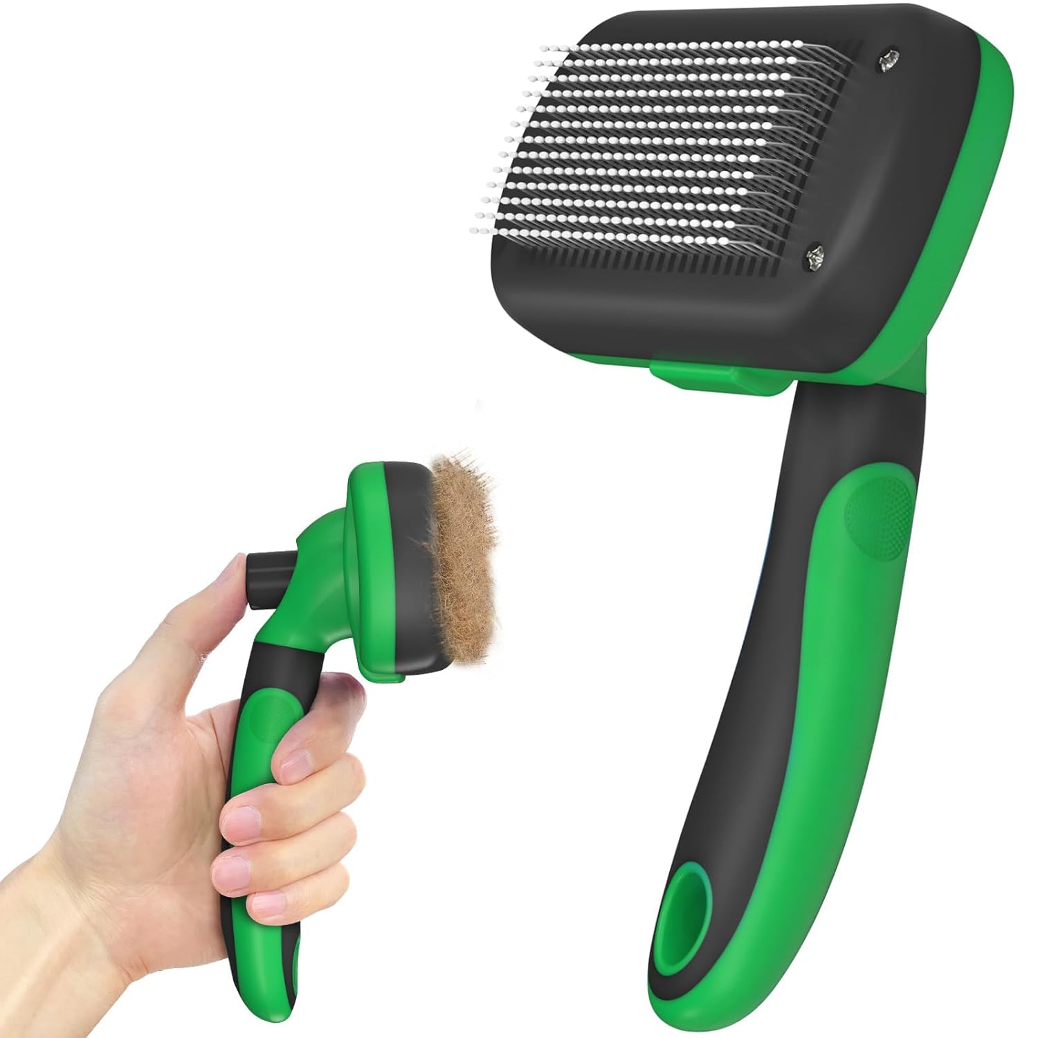 Self Cleaning Deshedding Brush for Dogs & Cats – Skin Friendly Grooming Tool with Hair Removal for Haired Pets, Green