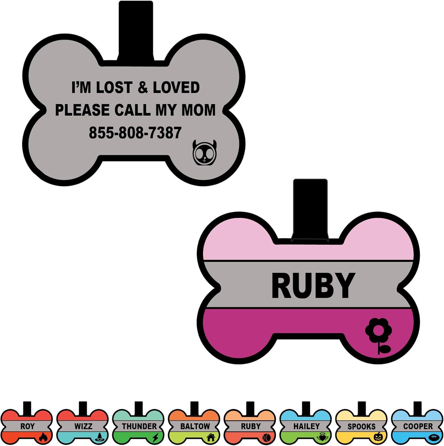 Silent Dog Tag Personalized with 5 Lines of Custom Deep Engraved Durable Soundless Silicone Pet ID Name Tag Bone Design Pink
