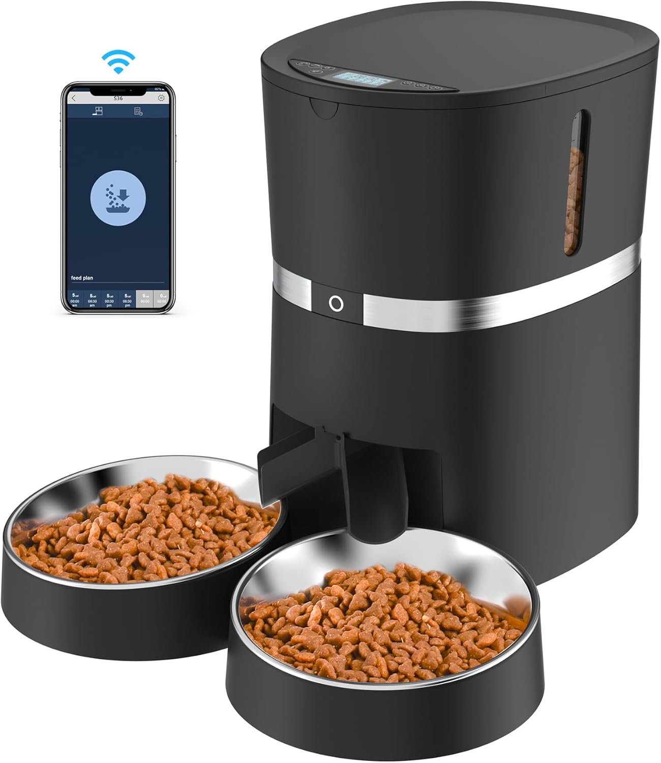 Smart Cat Feeder, WellToBe Automatic Cat Feeder WiFi Enable Pet Dog Food Dispenser App Control for Cat&Dog with Two-Way Splitter and Two Bowls, Voice Recorder Distribution Alarms, Portion Control