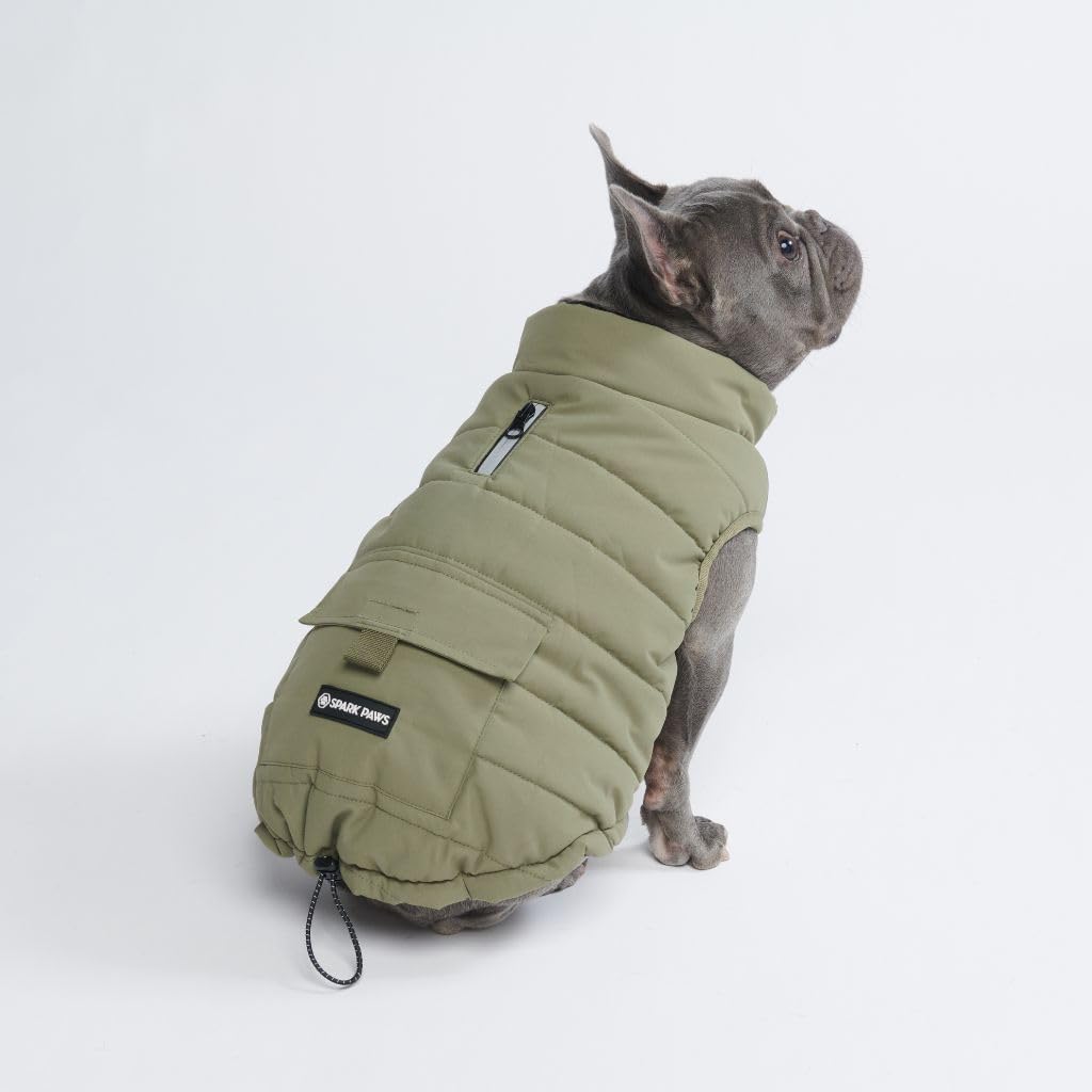 Spark Paws Dog Winter Jacket, Water-Resistant Coat, Warm Reflective Windproof Fleece-Interior, for Medium and Large Dogs – Olive – XL