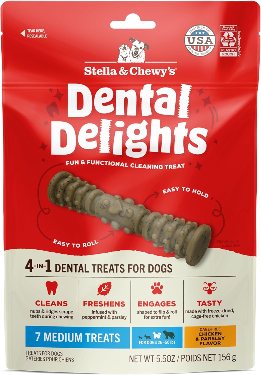 Stella & Chewy’s Dental Delights with Freeze-Dried Chicken – Medium Dental Treats for Dogs, 5.5 Ounce Bag