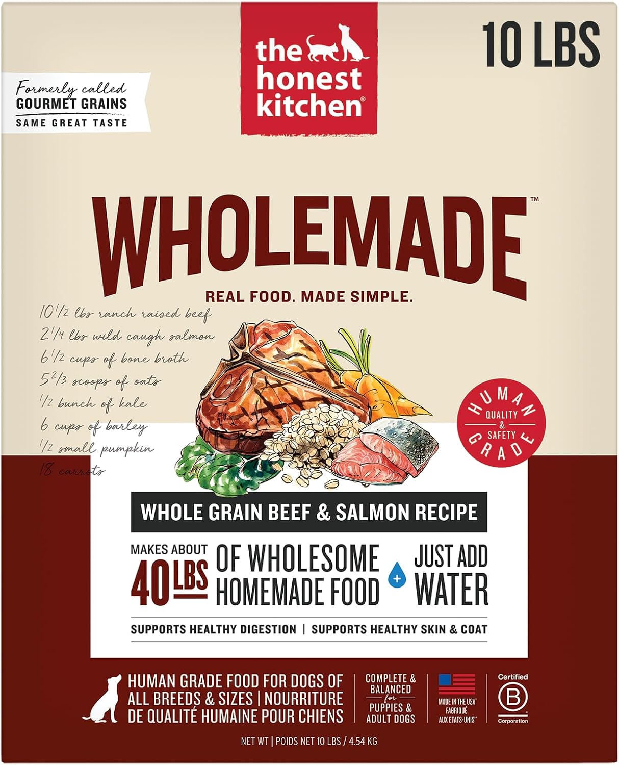 The Honest Kitchen Human Grade Wholemade™ Dehydrated Whole Grain Dog Food – Complete & Balanced Meal or Topper – Beef & Salmon 10 lb Box