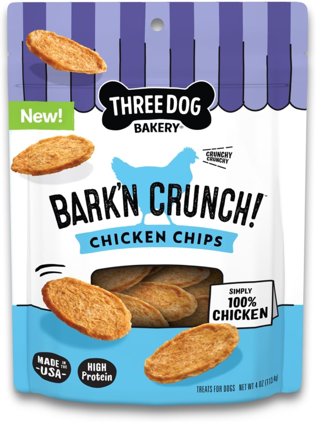 Three Dog Bakery Bark’N Crunch! Chicken Chips, Crunchy Treats for Dogs, Single Ingredient, High Protein Snacks, No Artificial Flavors or Colors, Made in The USA, 4oz.