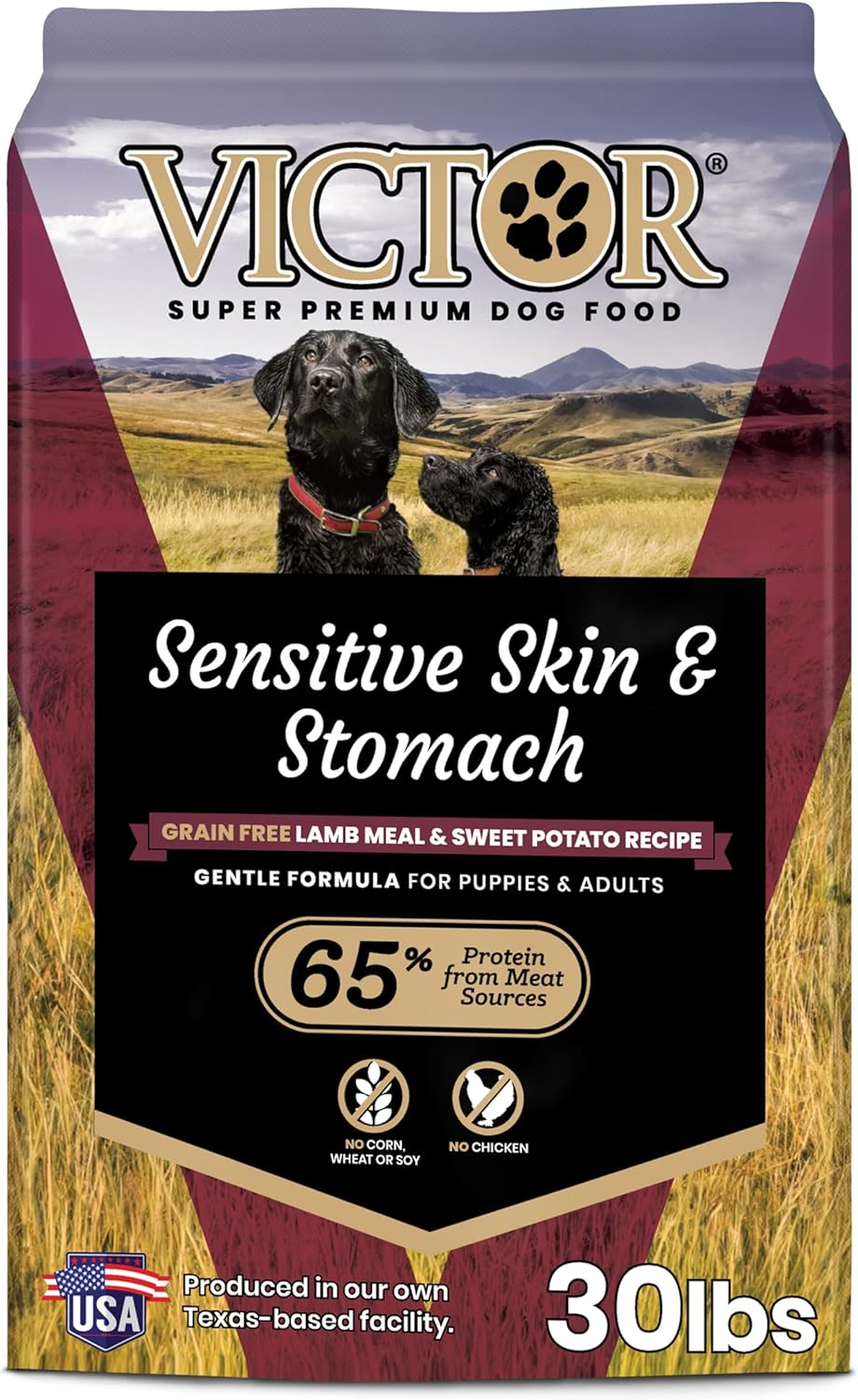 VICTOR Super Premium Dog Food— Sensitive Skin and Stomach— Grain Free Lamb Meal and Sweet Potato Recipe Dry Kibble— Gluten Free, No Chicken, Ideal for Dogs with Allergies — Adult and Puppy Food, 30 lb